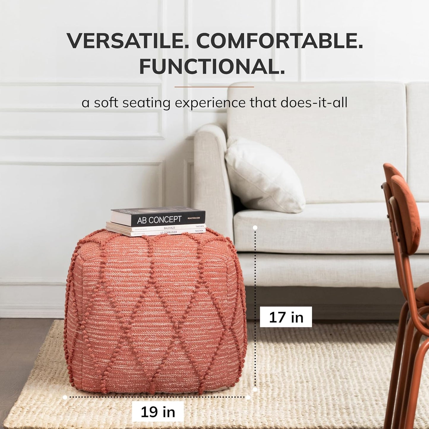 Anji Mountain 100% Handmade & Handcrafted Comfortable Home Décor Pouf Ottoman Footrest for Living Room, Bedroom, Nursery, Kidsroom, Patio Furniture - (19" x 19" x 17"- Terracotta)