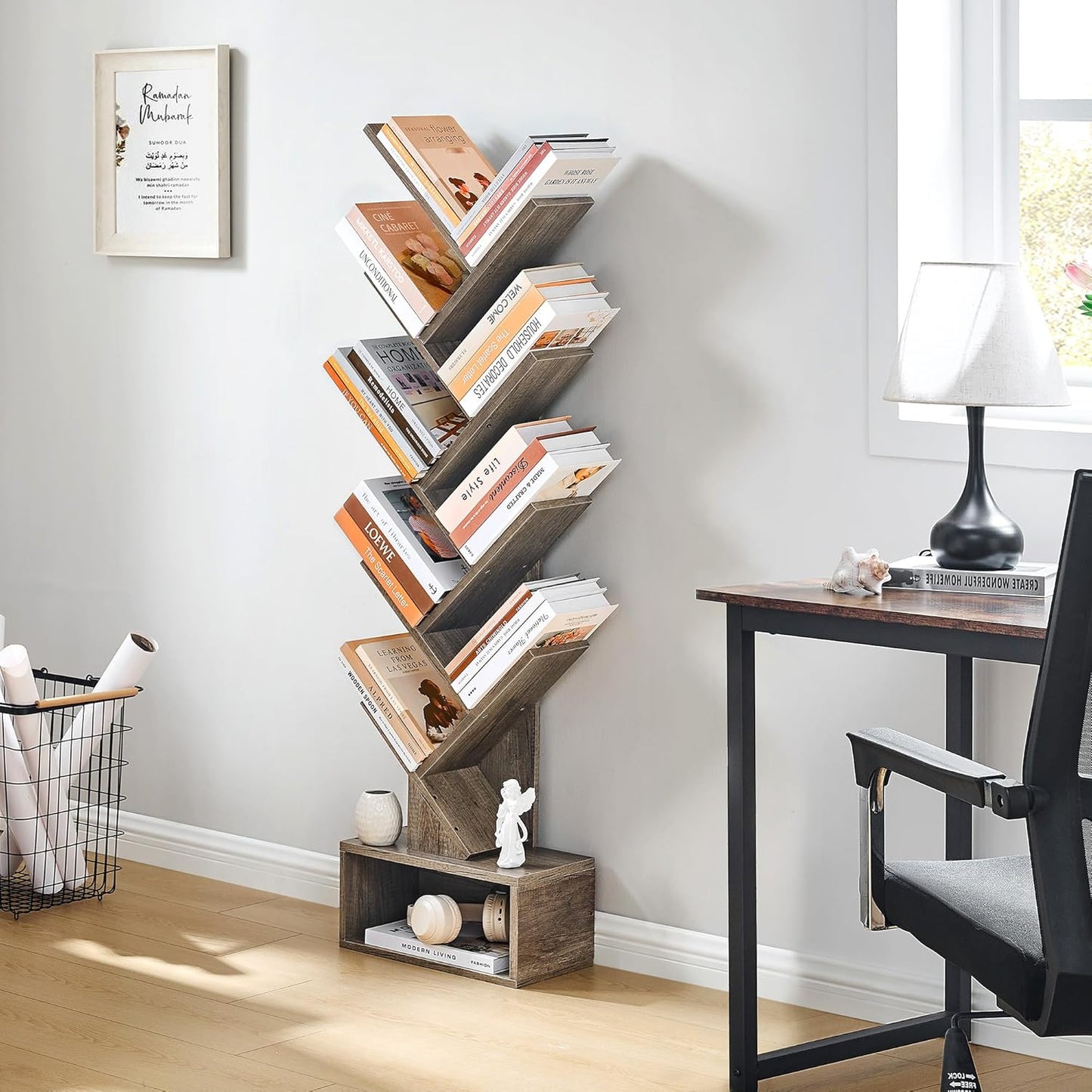 Hoctieon 9 Tier Tree Bookshelf, Tall Bookcase with Drawer, Wood Book Shelf, Modern Floor Standing Bookshelves, Book Organizer Shelves for Bedroom, Living Room, Home Office, Greige