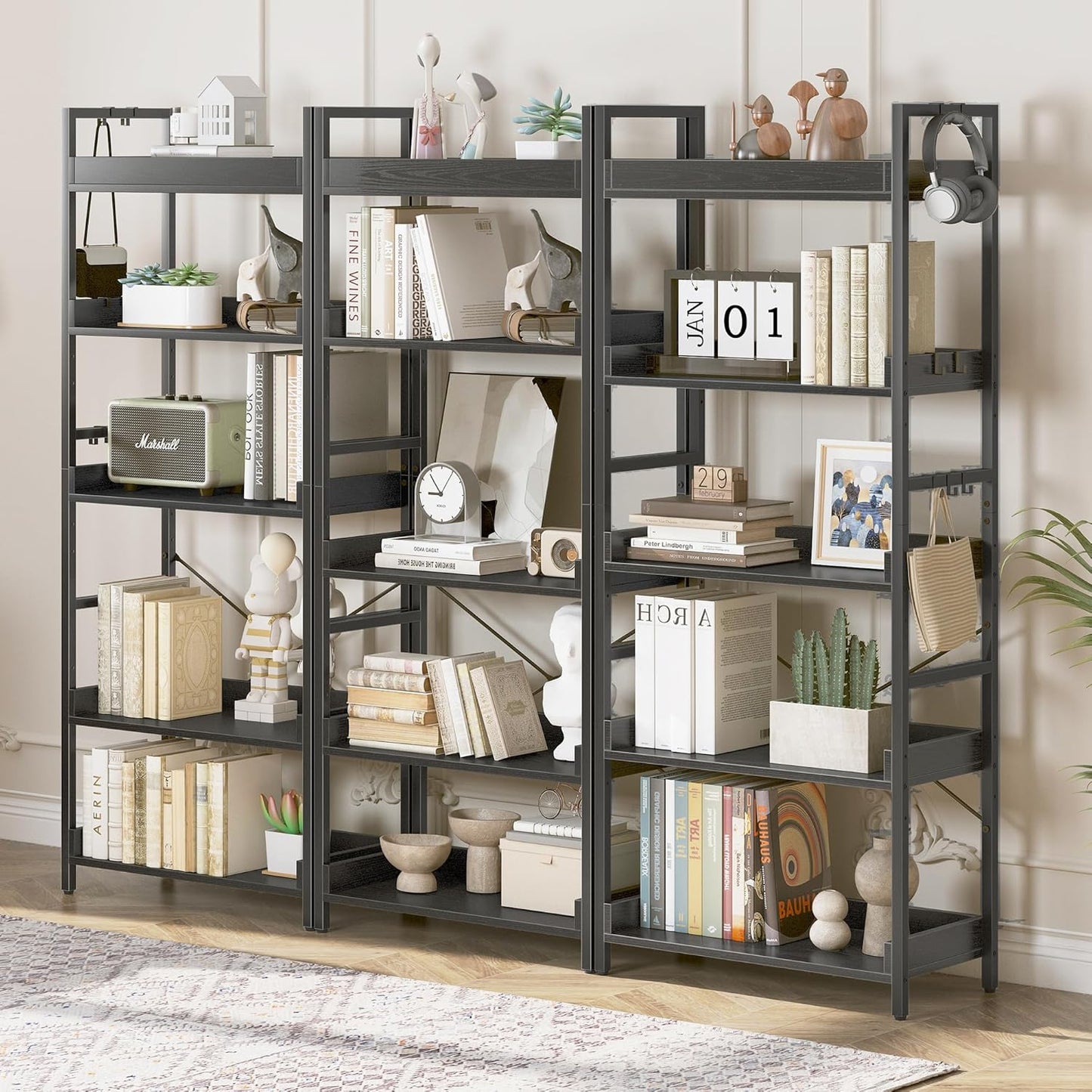 HCHQHS 5 Tier Bookshelf, Adjustable Industrial Bookcase, Vertical Tall Book Shelf, Wood and Black Metal Open Bookshelves for Home Office, Living Room, Bedroom