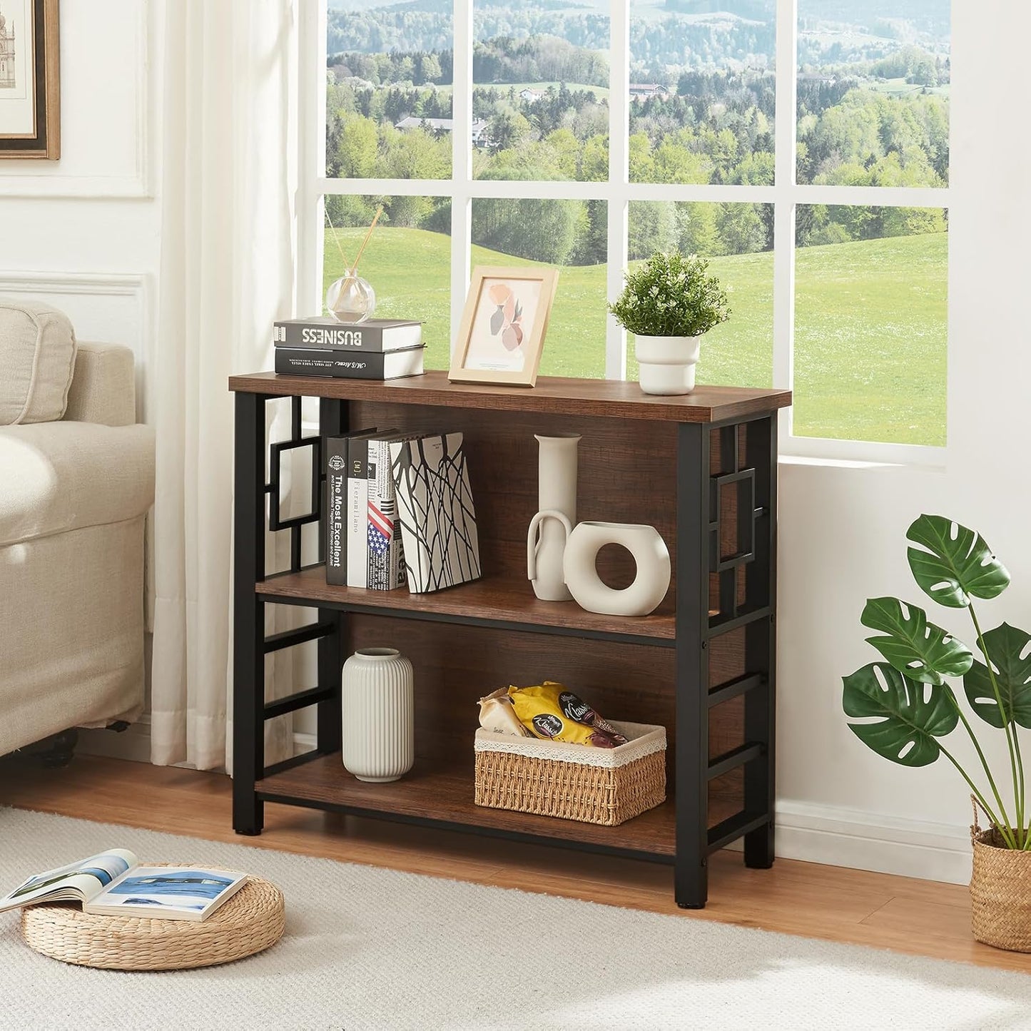 HOMISSUE Book Shelf, 3 Tier Deep Bookshelf with Storage, Engineered Wood and Metal Shelf Bookcase, Low Short Bookcases for Small Space, Living Room, Bedroom, Office, Rustic Brown