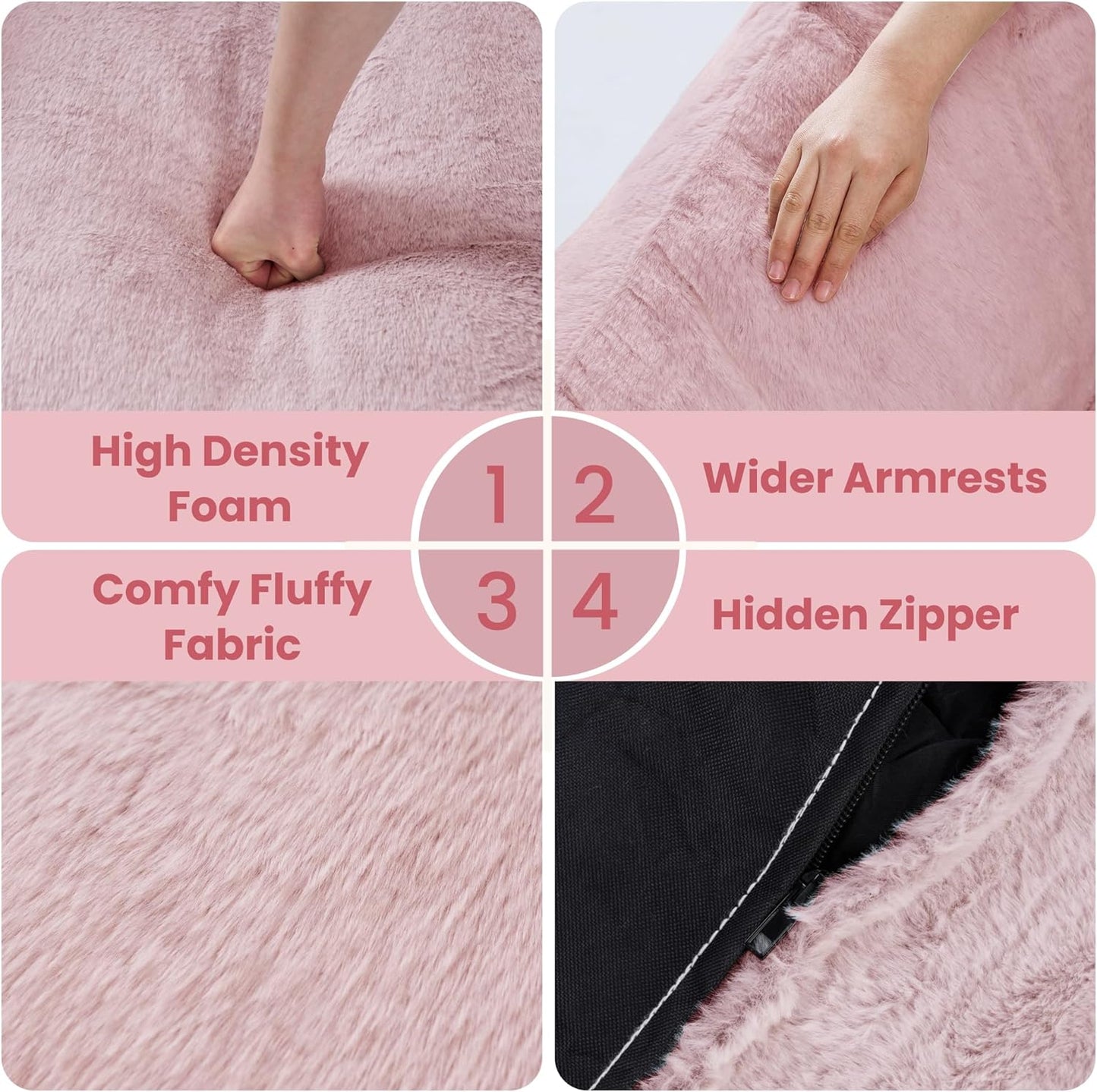 Bean Bag Chairs for Adults, Giant Beanbag Sofa Comfy Reading Chair, Oversized Bean Bag Chairs for Living Room Bedroom, Soft Faux Fur Fabric, 3.2FT, Pink, Plush