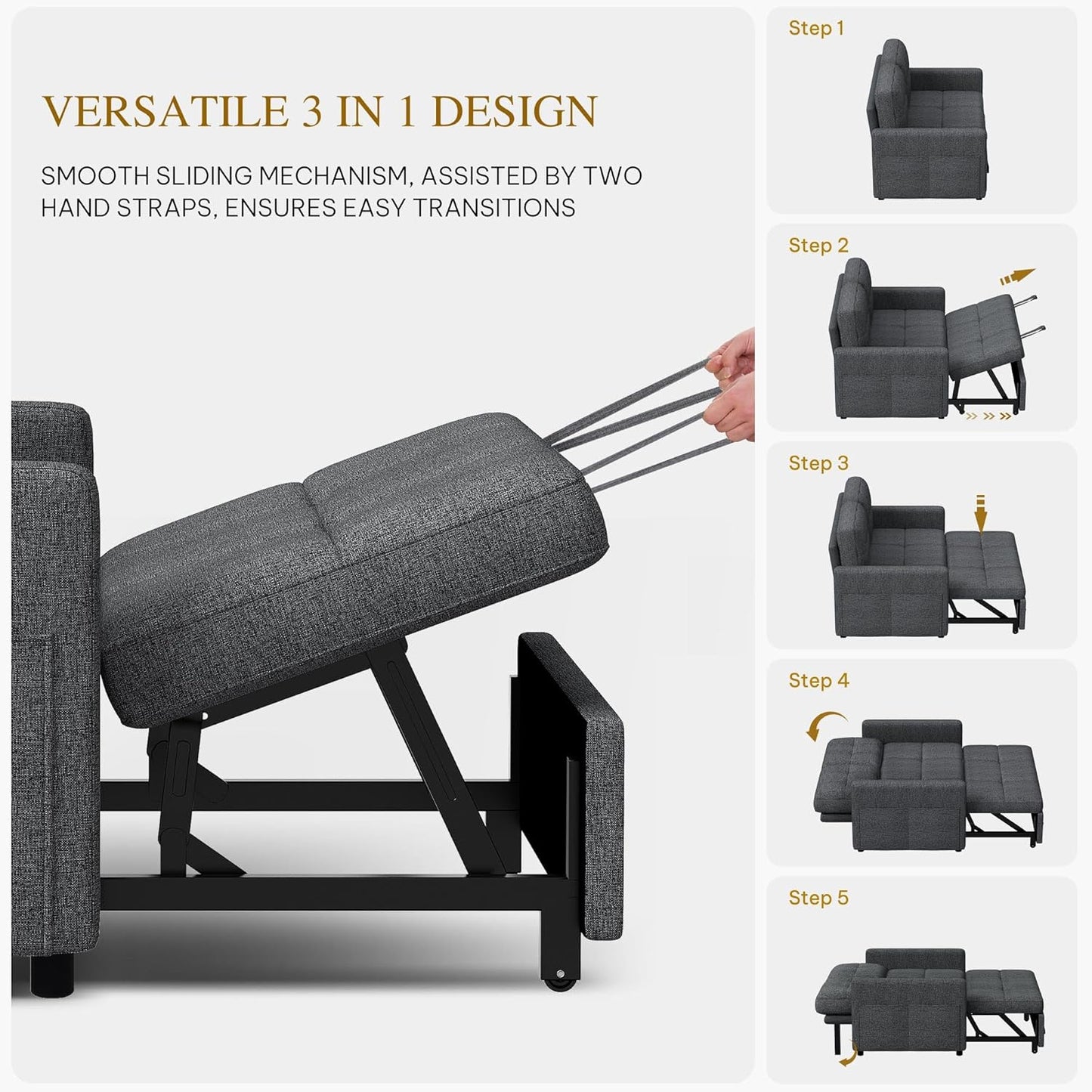 DWVO 55" Convertible Sofa Bed, 3-in-1 Sleeper Sofa with Pull-Out Bed, Linen Futon Couch with Adjustable Backrest and Side Pocket, Modern Loveseat for Living Room Apartment, Grey