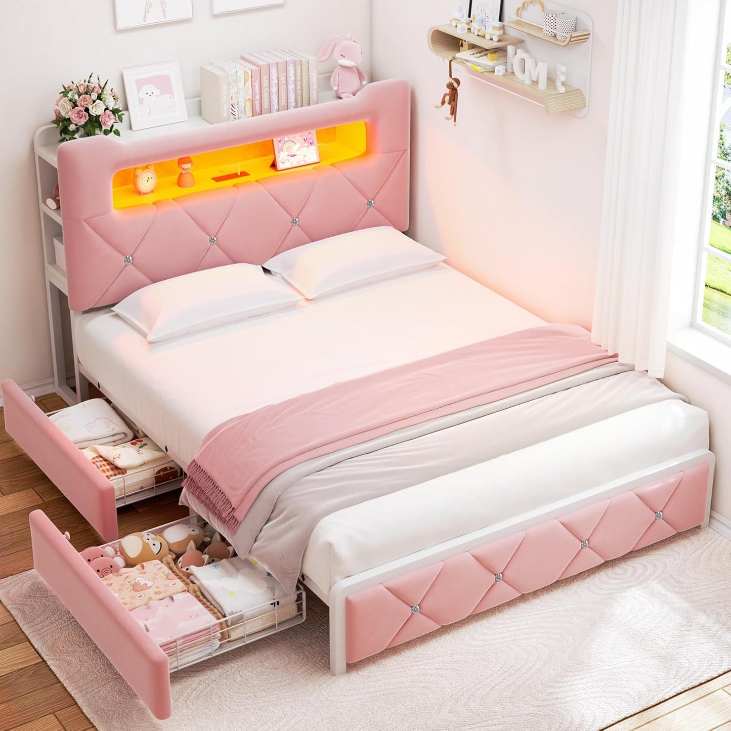 Full Upholstered LED Bed Frame with 2 Storage Drawers and 2-Tier Storage Headboard, Velvet Princess Platform Bed with Charging Station & Bookcase, Corner Bed Frame, Heavy Duty Metal Support, Pink