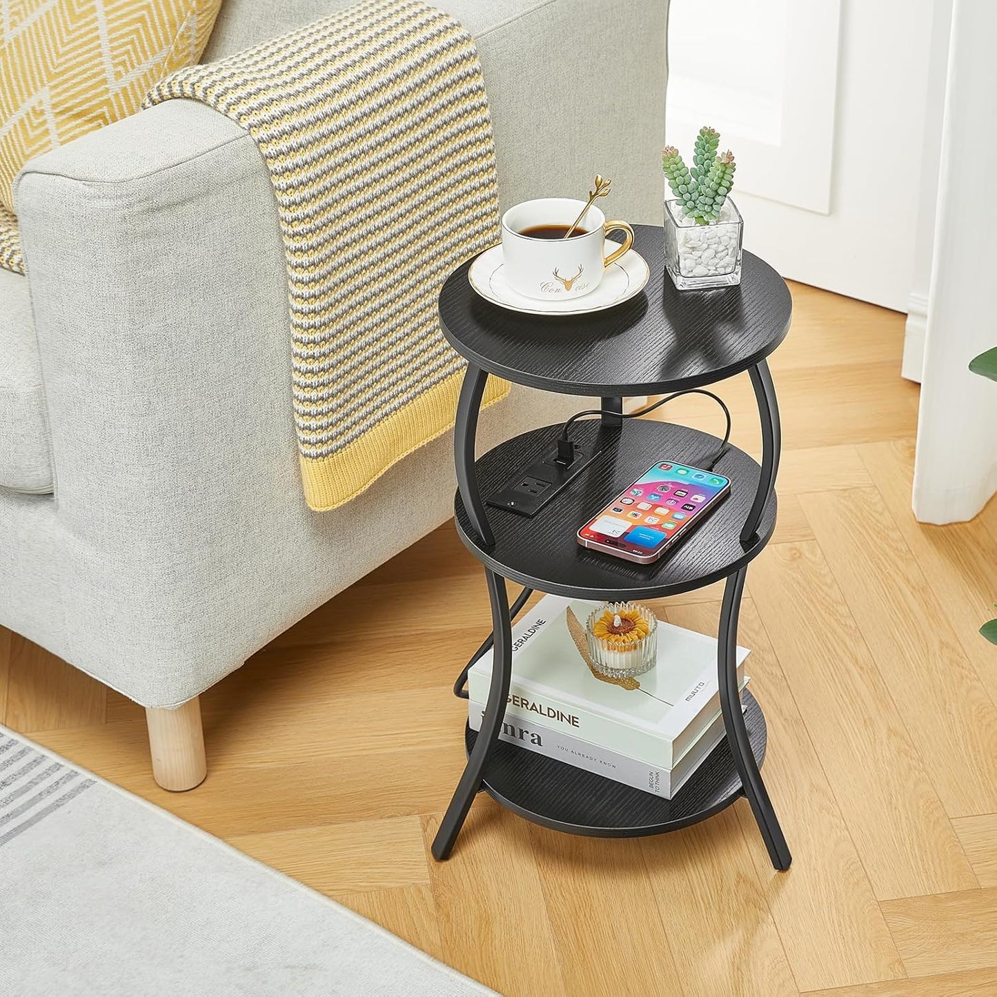 Small Round Side Table with Charging Station, 3-Tier Waist Circular End Table with Storage Shelf, Compact Tea Sofa Side Table Small Spaces, Round Corner Coffee Table for Living Room Bedroon,Black