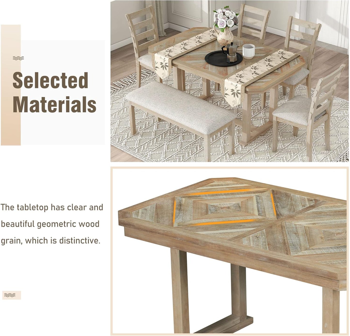 Merax 6-Piece Rubber Wood Dining Table Set with 4 Cushioned Chairs and Bench, Beautiful Wooden Grain Pattern Tabletop, Natural Wood Wash