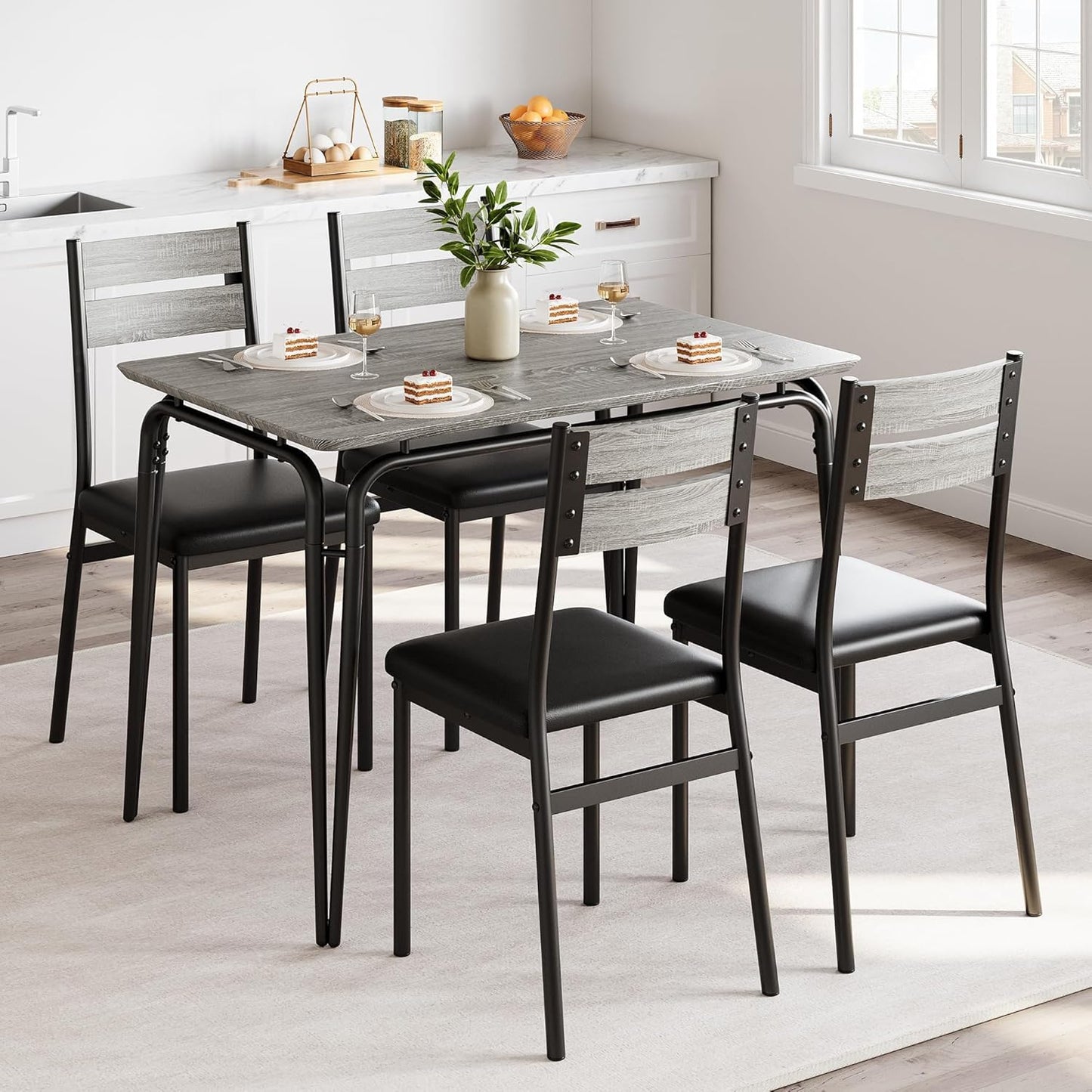 5 Piece Dining Table Set for 4, Compact Square Table Chairs, Sturdy MDF Top, Metal Frame, Space-Saving Breakfast Set for Kitchen, Apartment, Office, Easy Assembly Wipe-Clean