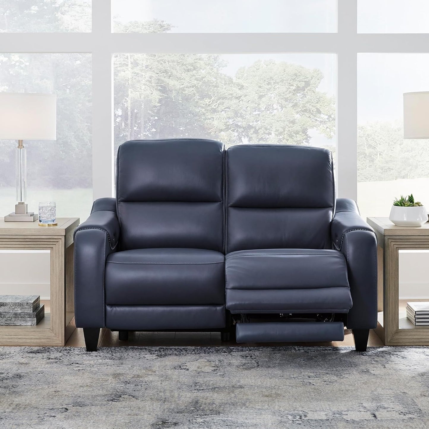 Signature Design by Ashley Mercomatic Contemporary Leather Match Wall Hugger Power Reclining Loveseat with Adjustable Headrest and USB Ports, Blue