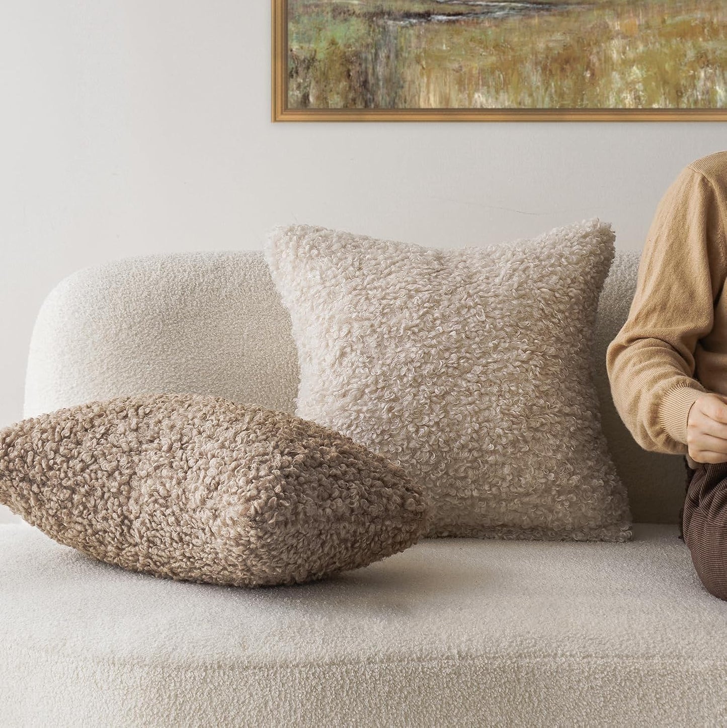 Foindtower Set of 2 Curly Teddy Wool Pillow Covers Decorative Boucle Textured Lumbar Throw Pillow Faux Fur Pillowcases Sheepskin Cushion Case for Sofa Bedroom Car 12"x20" Khaki