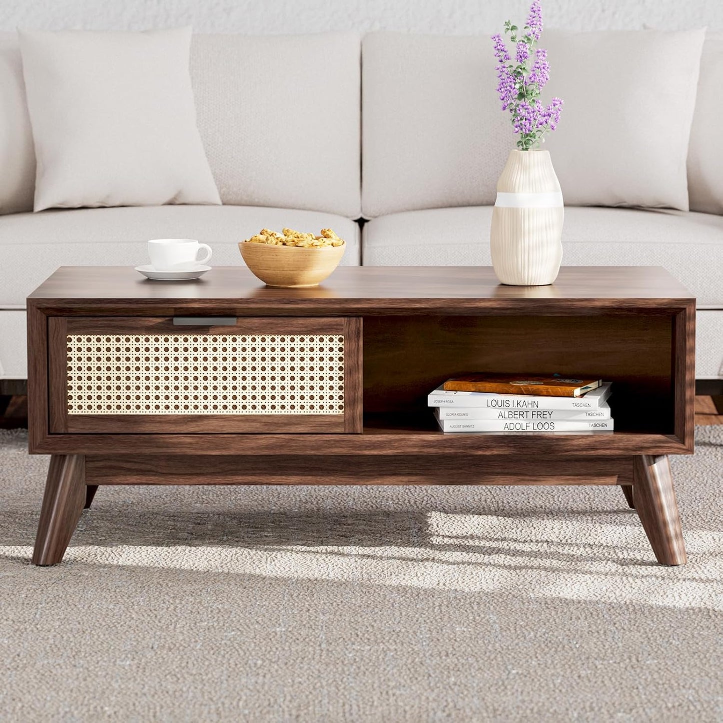 Bme Modern Solid Wood Coffee Table with Storage, Accent Rattan Design, Perfect for Living Room, Walnut, Medium