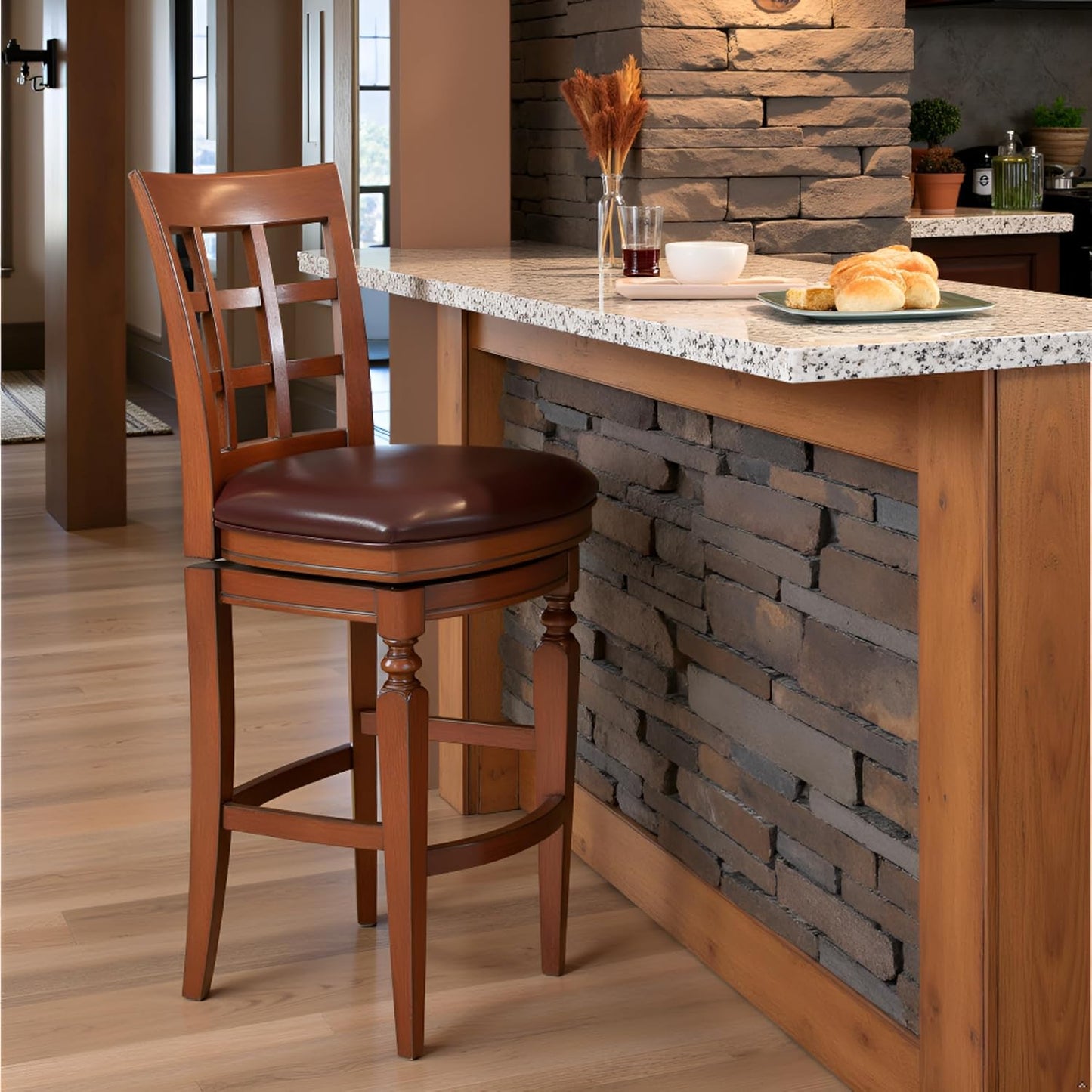 Alaterre Furniture Napa Bar Height Swivel Stool with Back – Faux Leather Upholstered Seat Barstool with Memory Return, Turned Wood Legs, Lattice Back Design, and Metal Kick Plate for Kitchen Islands