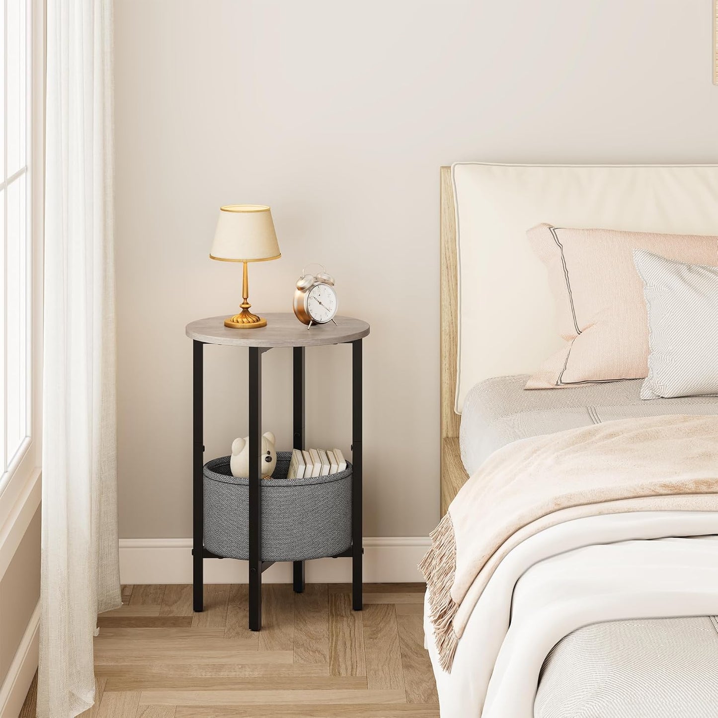 Vagusicc Round Side Table End Table with Storage Basket, Small Side Table Round Nightstand for Small Spaces, Tall Oval End Table with Steel Frame, Coffee Bedside Table for Living Room Bedroom, Greige