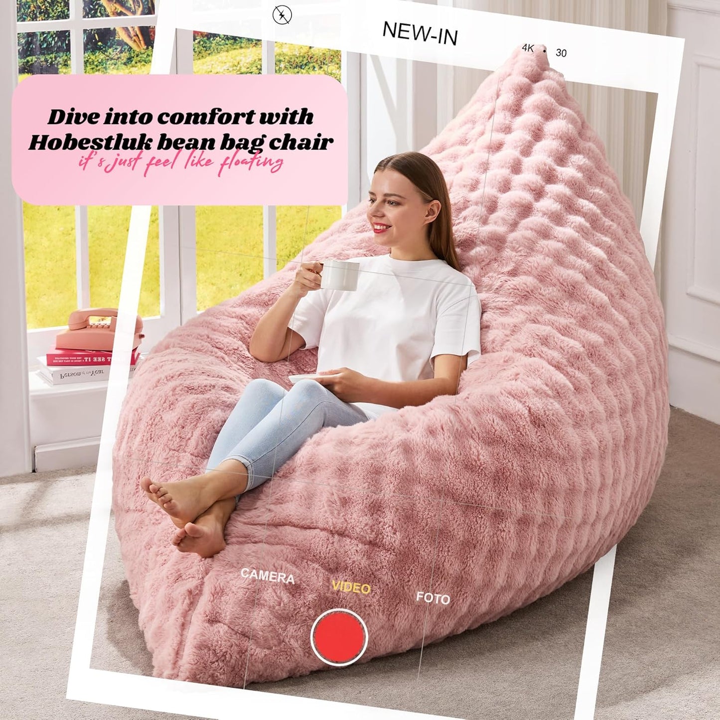 Hobestluk 3 in 1 Bean Bag Chair Giant Bean Bag Chairs for Adults with Bubble Cover Convertible Bean Bag Floor Cushion with Machine Washable Cover for Living Room (Bubble Pink)
