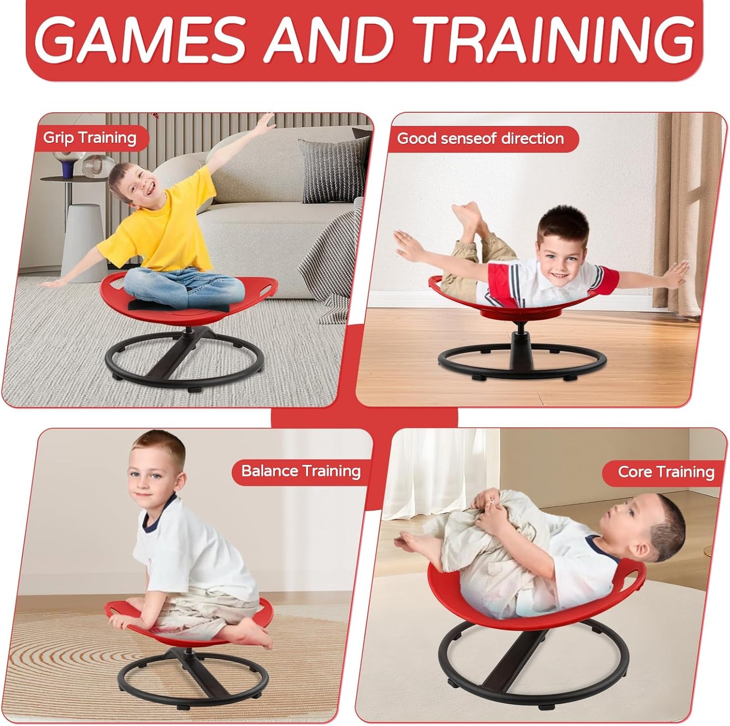 Sensory Spinning Chair for Kids, Sensory Swivel Chair with Handles for Autistic Kids, Training Body Coordination and Balance, Sit and Spin Toys for Autism Toddlers and ADHD Children, Red