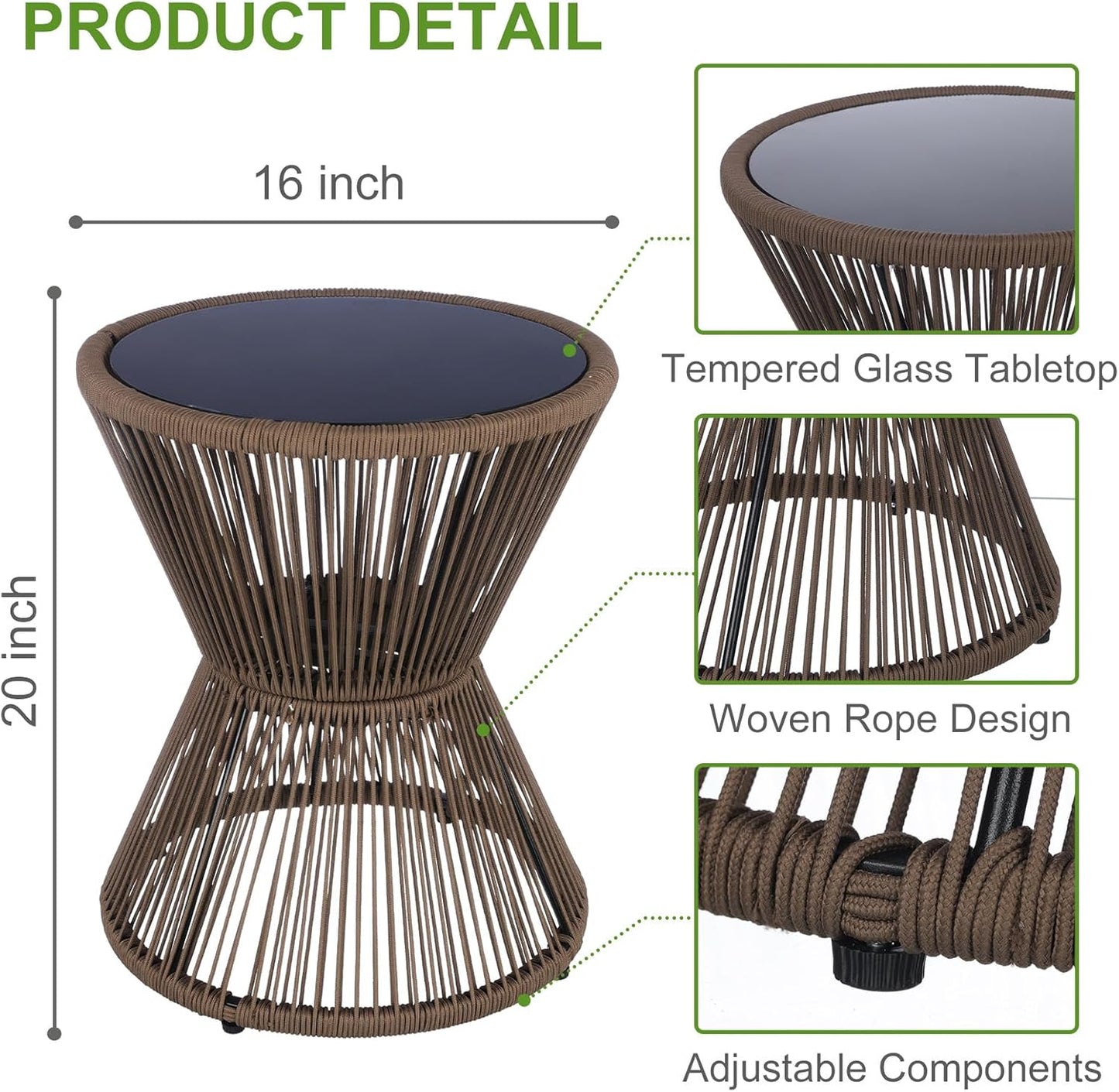 LEWIS&WAYNE Small Outdoor Side Table Patio 20’’ H Woven Rope Hourglass End Table with Glass Top Round Coffee Table for Living Room Outdoor Patio Backyard Poolside (Brown)