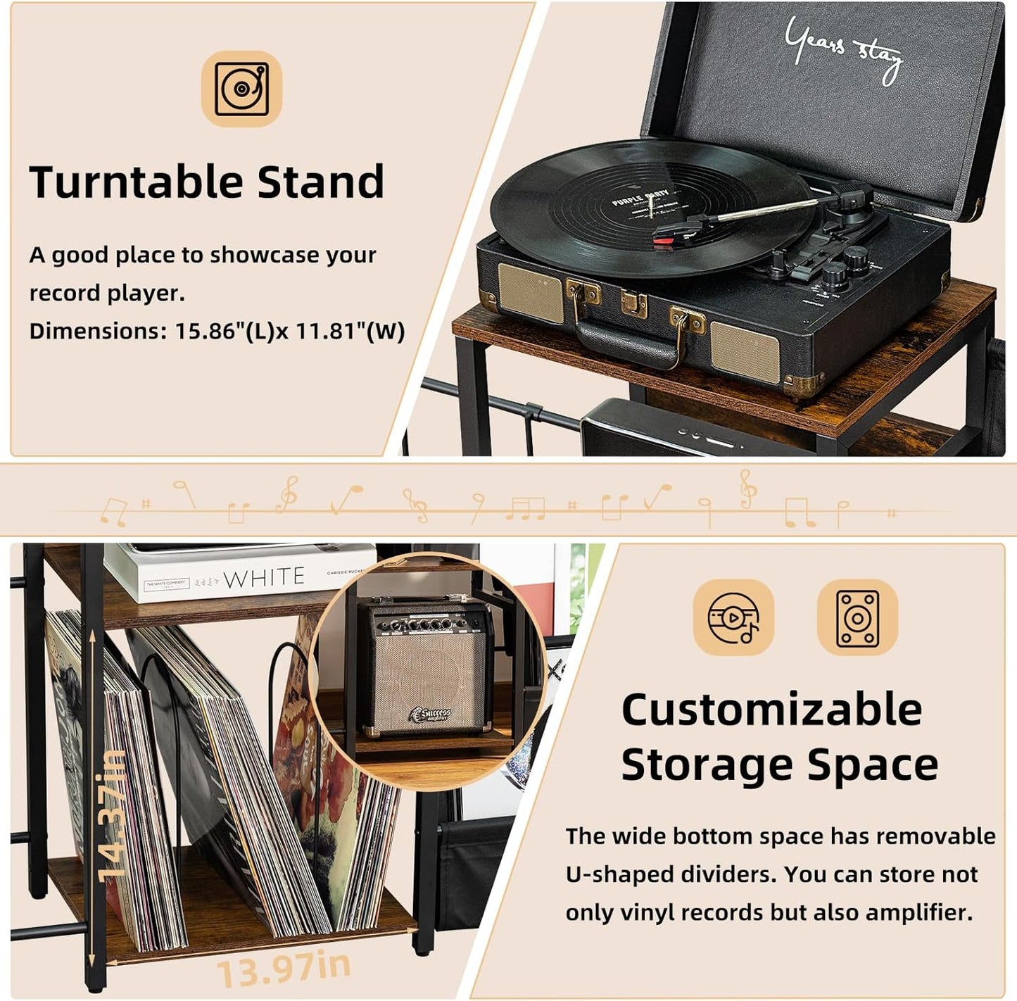 LELELINKY Record Player Table,Adjustable Guitar Stand for Acoustic Guitar, Electric Guitar, Bass, White Turntable Holder with Vinyl Storage Up to 150 Albums, Side Table with Magazine Periodical Rack