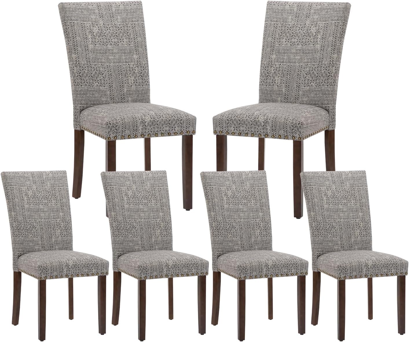 COLAMY Upholstered Parsons Dining Chairs Set of 6, Fabric Dining Room Kitchen Side Chair with Nailhead Trim and Wood Legs - Boho