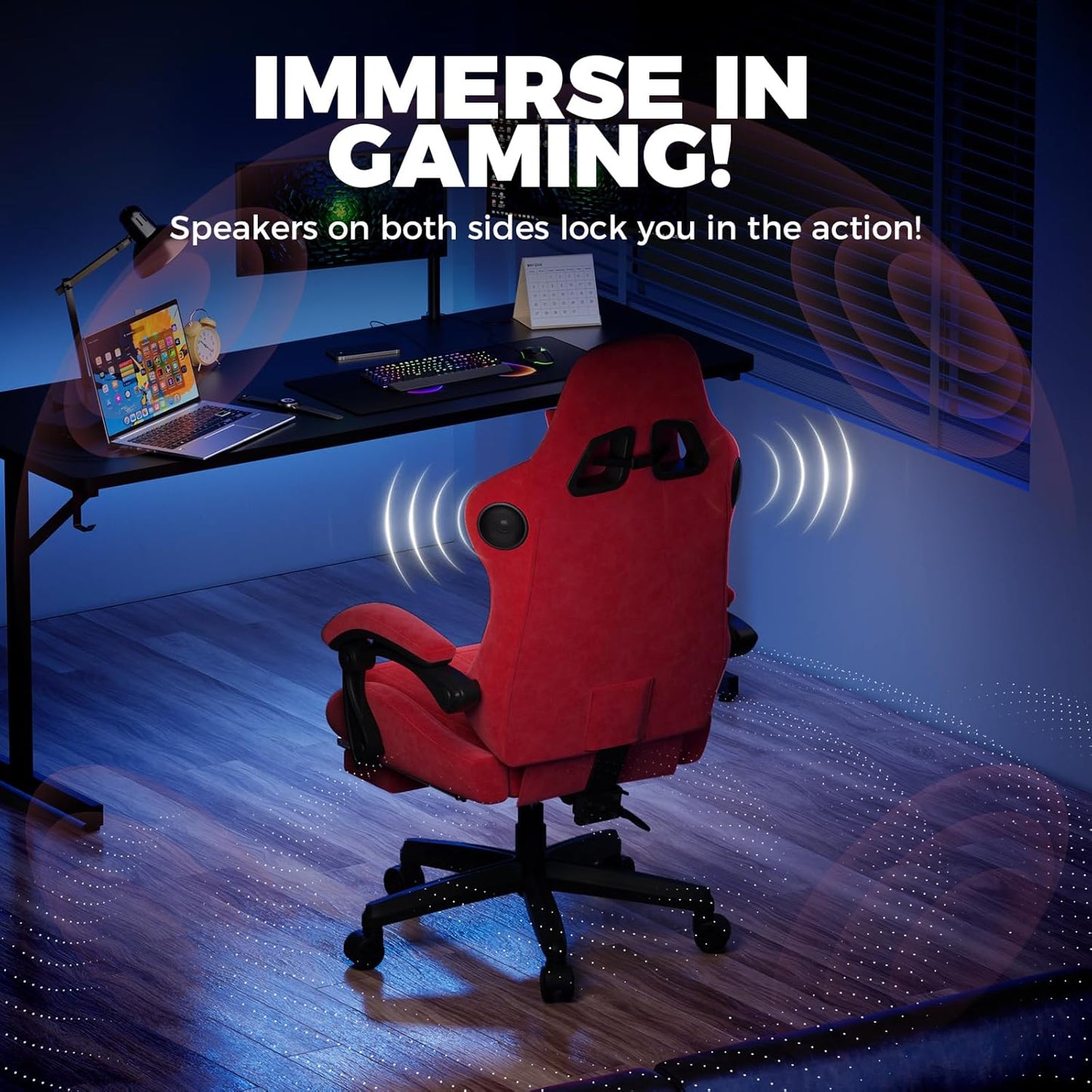 GTPLAYER ACE-PRO Music Gaming Chairs – Built-in Speakers, App Support & Bluetooth Control, Footrest & Pocket, Gamer Chair for Adults, Cherry Red - Velvet