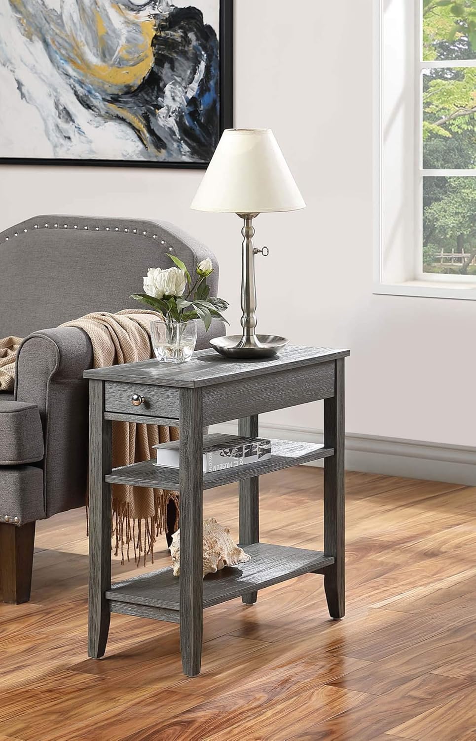 Convenience Concepts American Heritage Chairside End Table with Drawer 23.5" - Classic Living Room Table with Storage Shelf, Bedroom Nightstand, Wirebrush Dark Gray