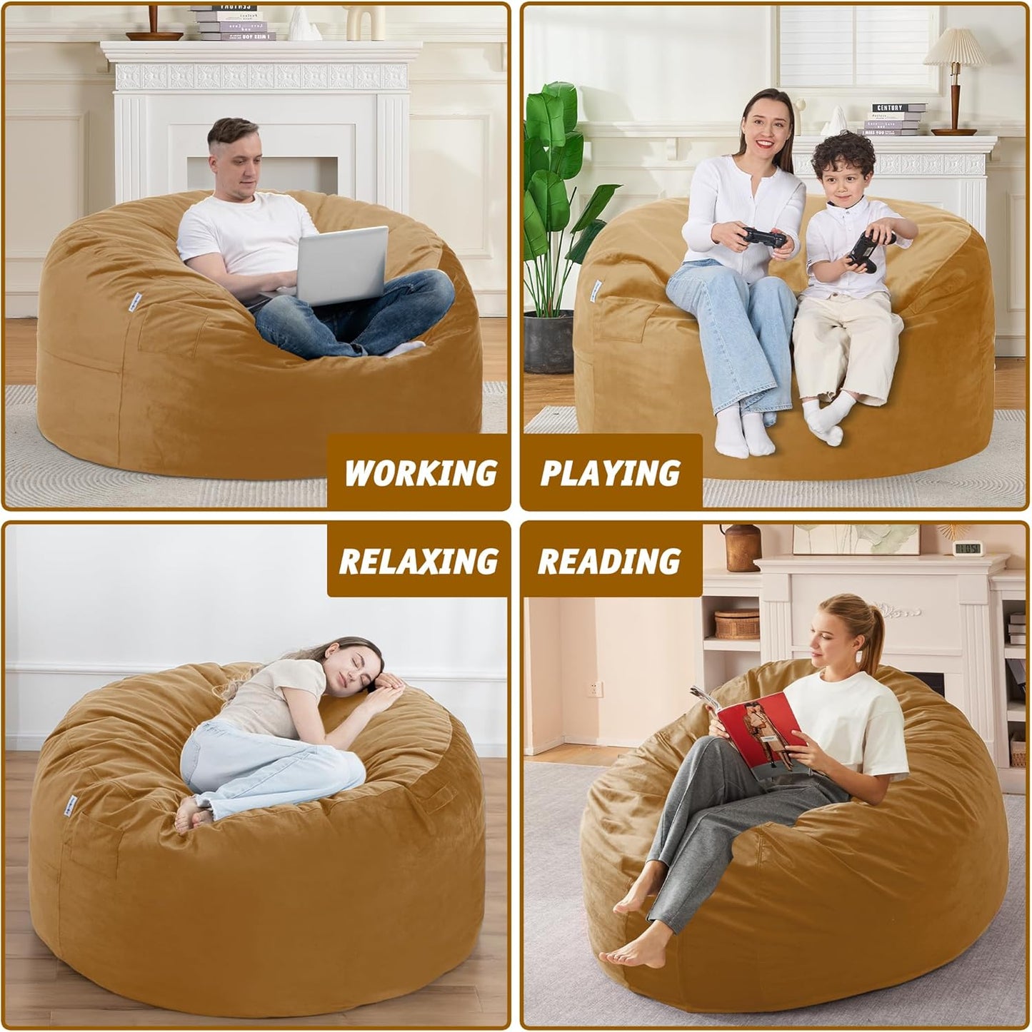 4FT Bean Bag Chair with Ultra Soft Velvet Cover Bean Bag Sofa with Memory Foam Bean Bag Chairs with Large Size Lazy Sofa for Dorm Office Living Room Bedroom Camel 4'