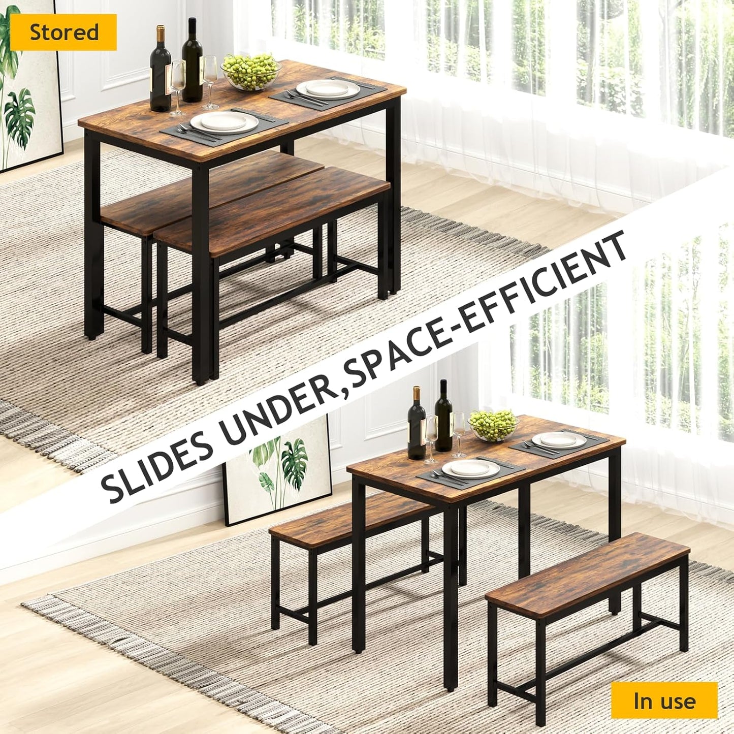 Rovibek Dining Table Set for 4 with 2 Benches – Space-Saving Kitchen Table Set for Kitchen & Dining Room, Brown