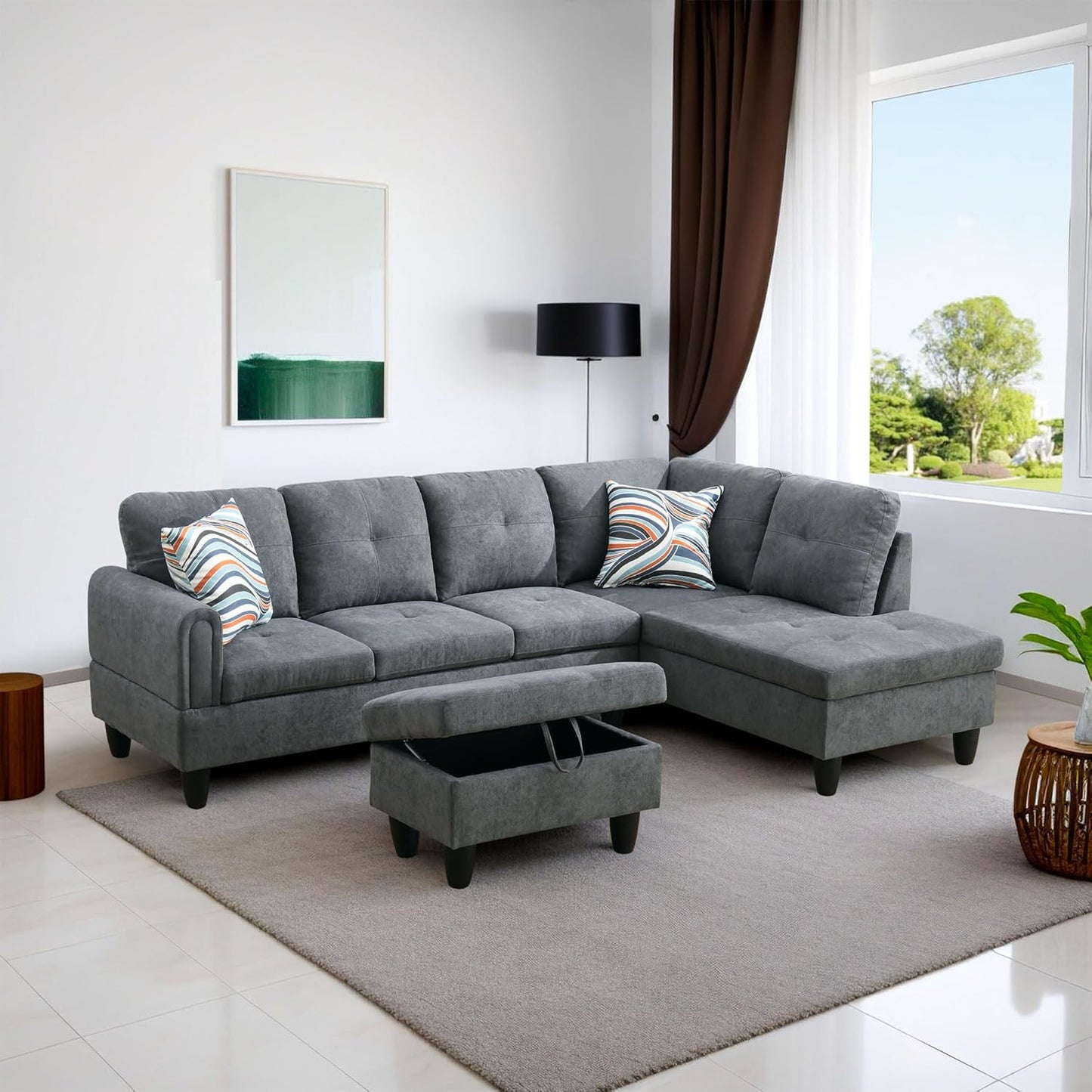 L-Shaped Sectional Sofa with Ottoman, Right-Facing Modern Microfiber Couch for Living Room, Bedroom, Office, Gray-Blue