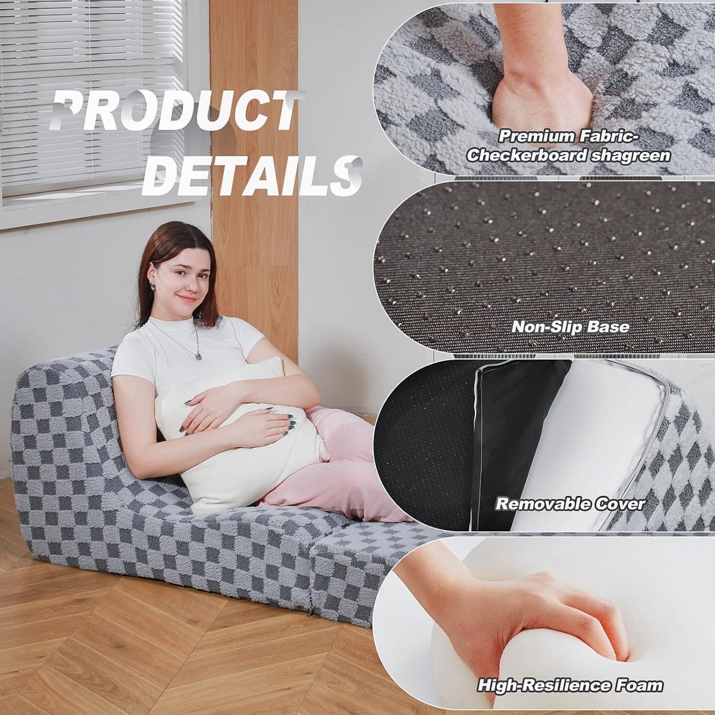 Bean Bag Chair with Checkerboard Shaker Fleece Fabric, Folding Sofa Bed, Floor Sleeper Lounge Chair, Lazy Sofa for Living Room, Bedroom, Apartments (Cement Gray)