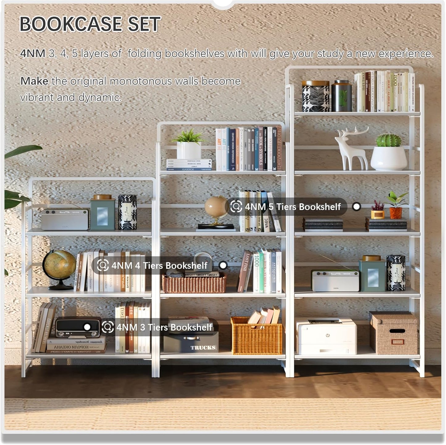 4NM No-Assembly 5 Tiers Folding Bookshelf Storage Shelves Vintage Bookcase Standing Racks Study Organizer Home Office (All White)