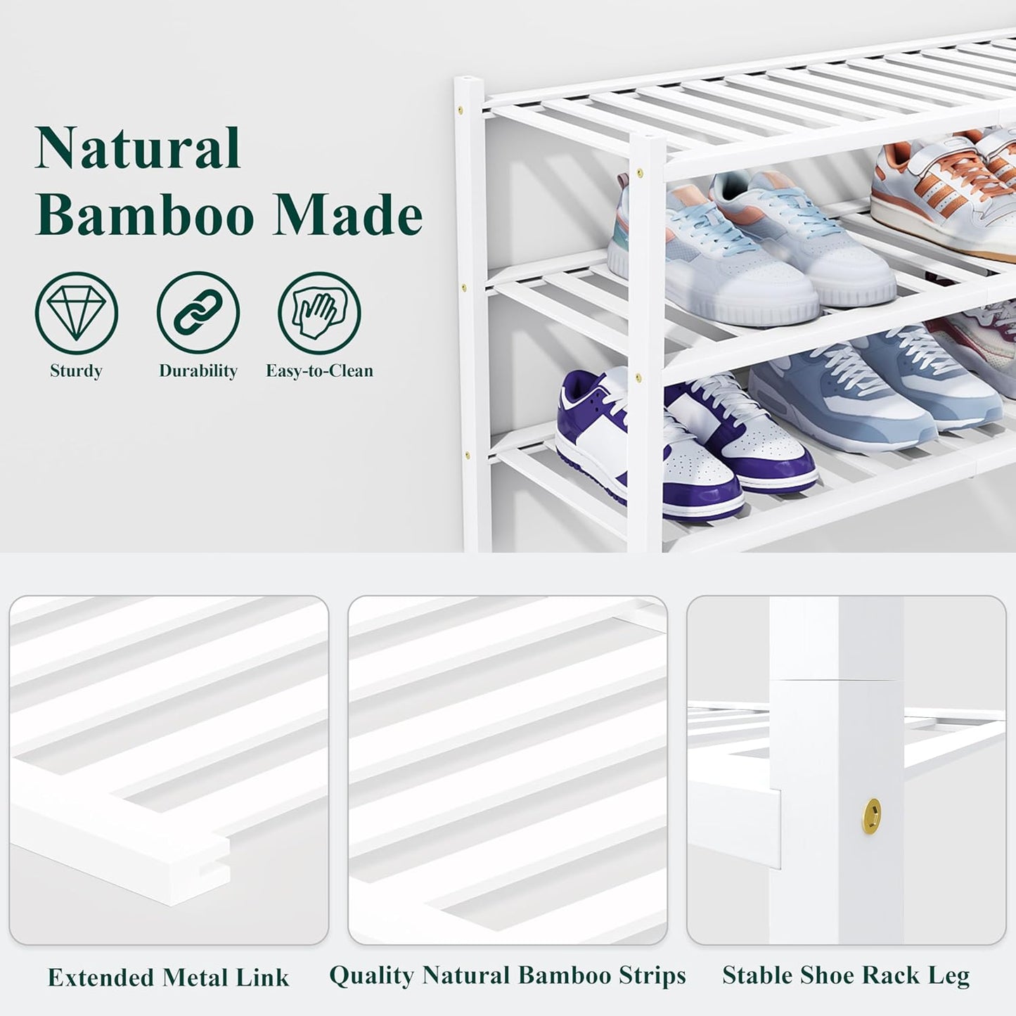 Smiry Shoe Rack, 5 Tier Thick Bamboo Shoe Organizer, Stackable Free Standing Wooden Shoe Storage Shelf for Closet, Entryway, Front Door Entrance, White