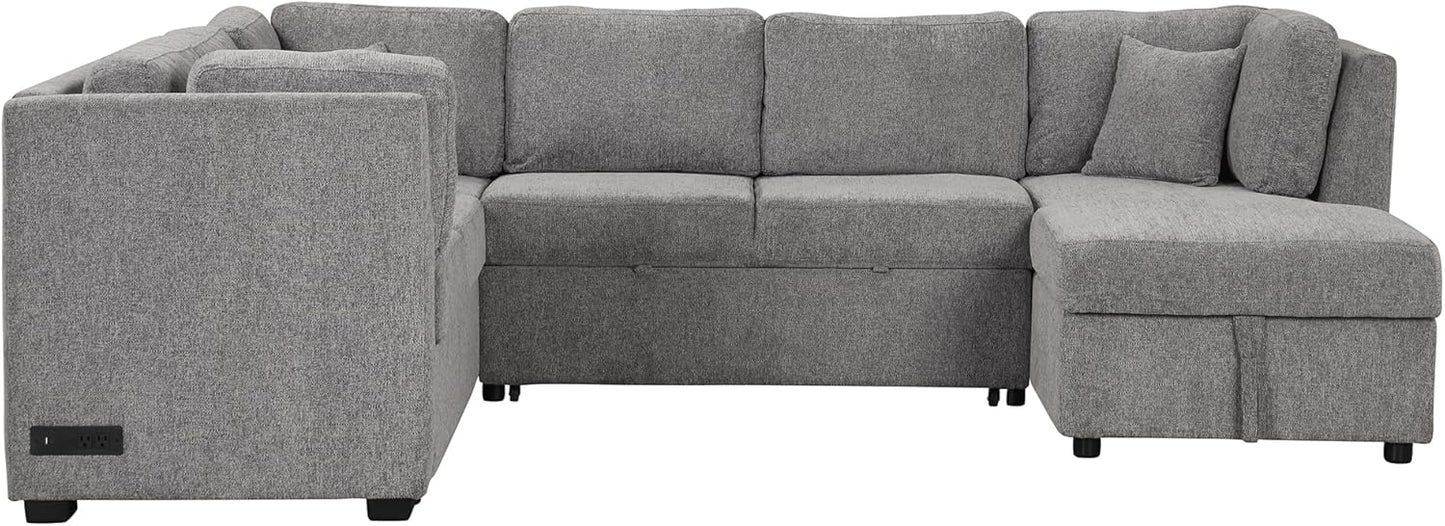 Ball & Cast 108.6" Sleeper Sectional Pull Out Sofa with 2 USB Ports,Two Power Sockets,Versatile U-Shape Couch w/ 3 Back Pillows and Storage Chaise,for Living Room,Office,Apartment,Light Gray
