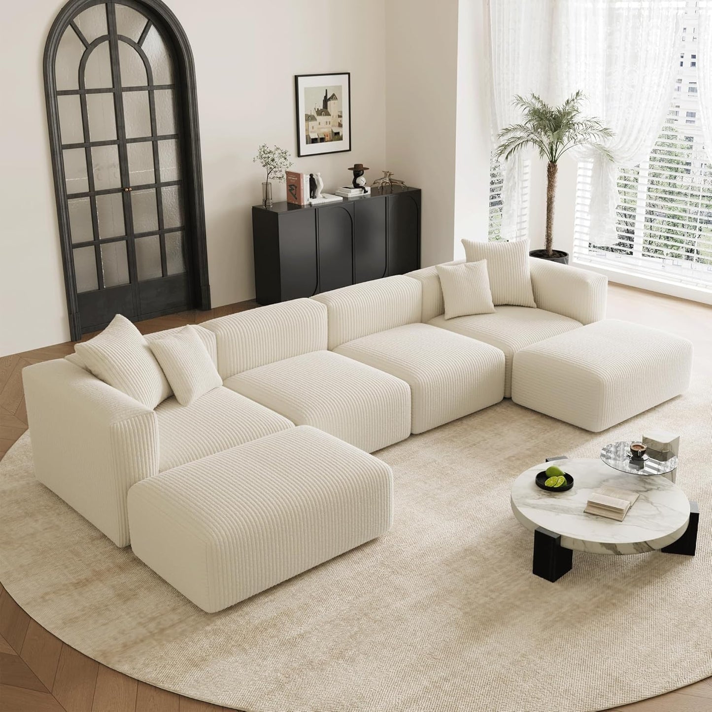Acanva Convertible Modular Sectional Sofa with Movable Ottomans, Free Combination Corduroy Couch for Living Room Apartments, U-Shaped, White