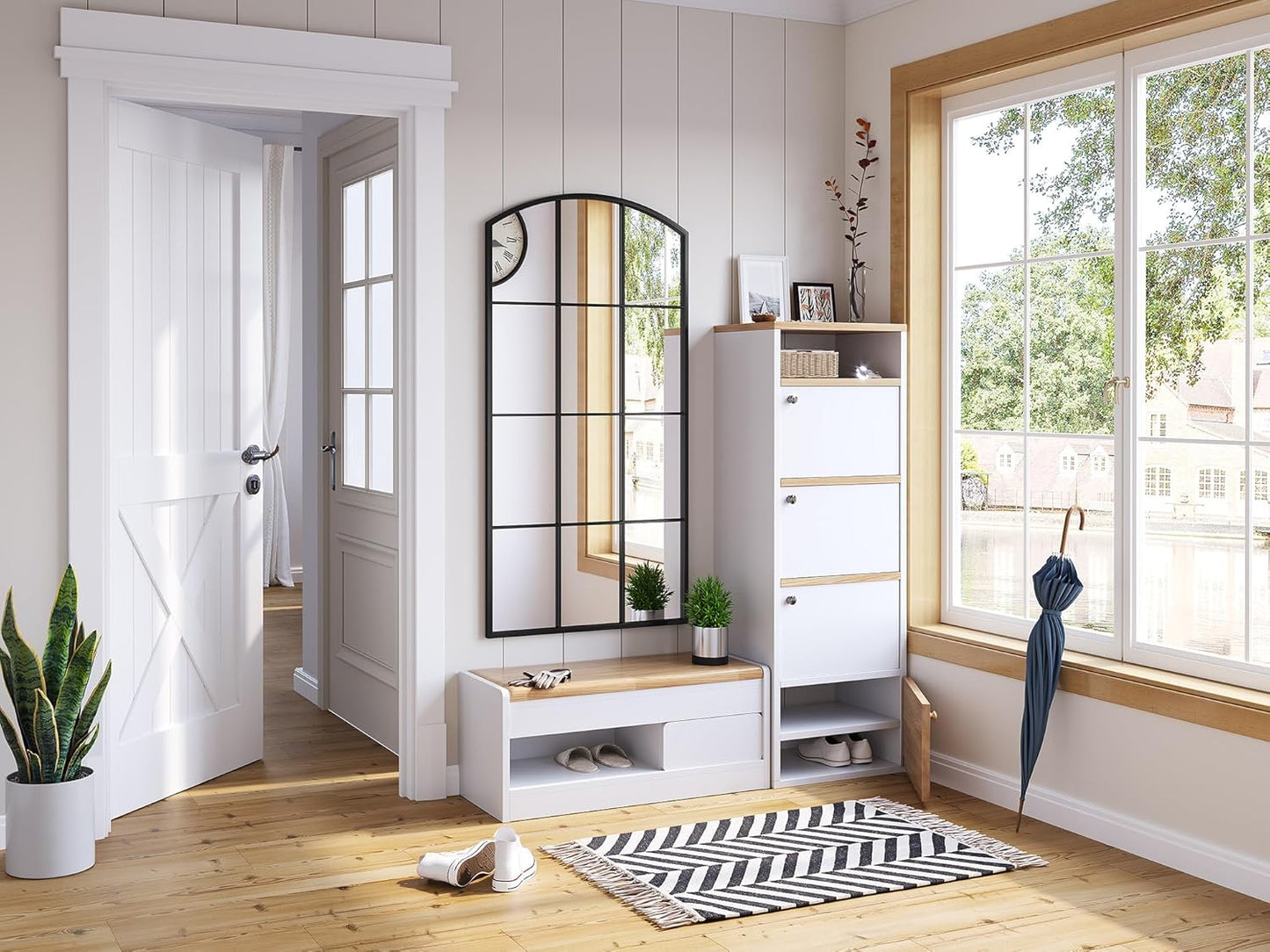 Arched Window Mirror, 24" x 48" Black Window Mirrors for Wall, Tall Farmhouse Grid Mirror for Living Room Bedroom Dining Room Fireplace Hallway Mantle Entryway