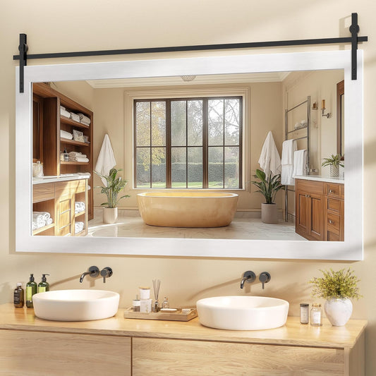 Hasipu Farmhouse Bathroom Mirror, 60"x30" Rustic Wood Framed Wall Mounted Mirror, White Vintage Vanity Mirror Barn Door Style Decrative Mirrors
