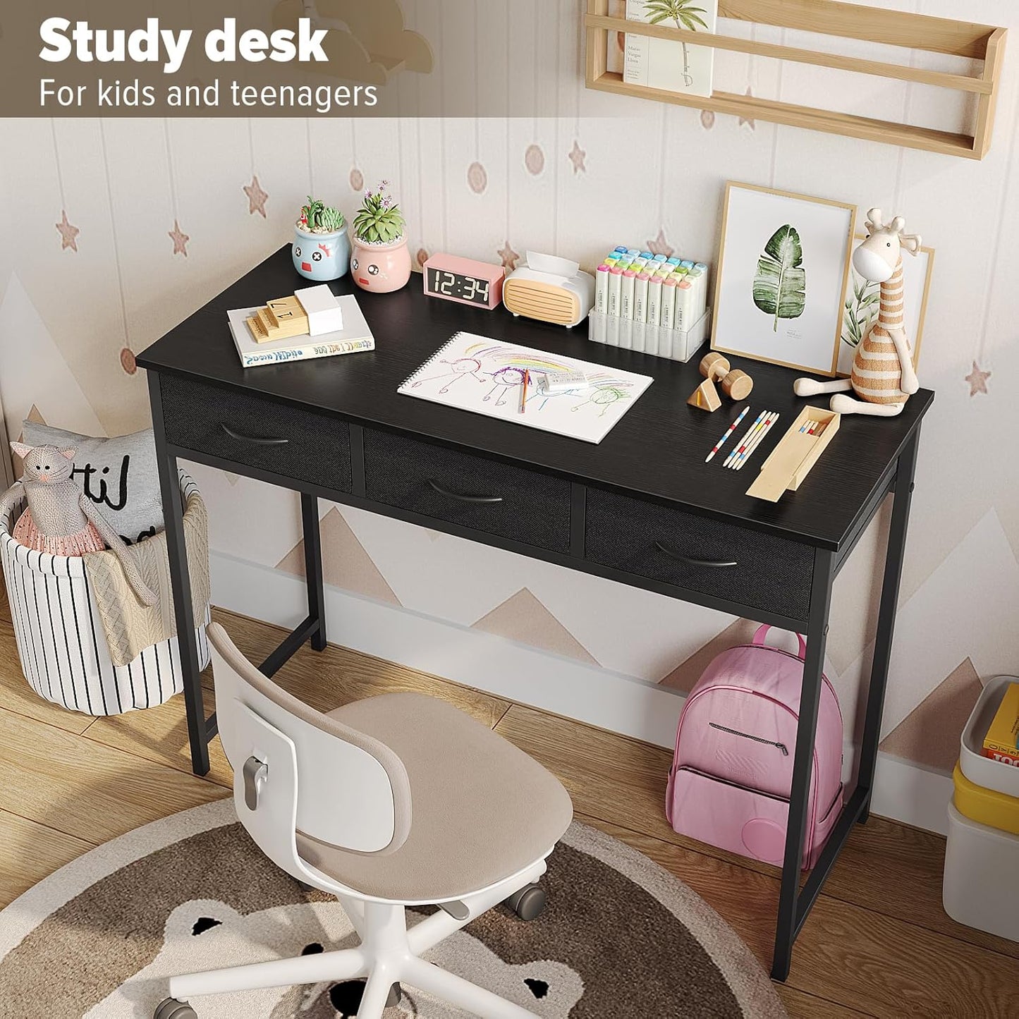 WOHOMO Computer Desk with Drawers, 39.3 Inch Bedroom Desk with Storage, Home Office Desk for Room Spaces, Modern Work Writing Study Tables, Black