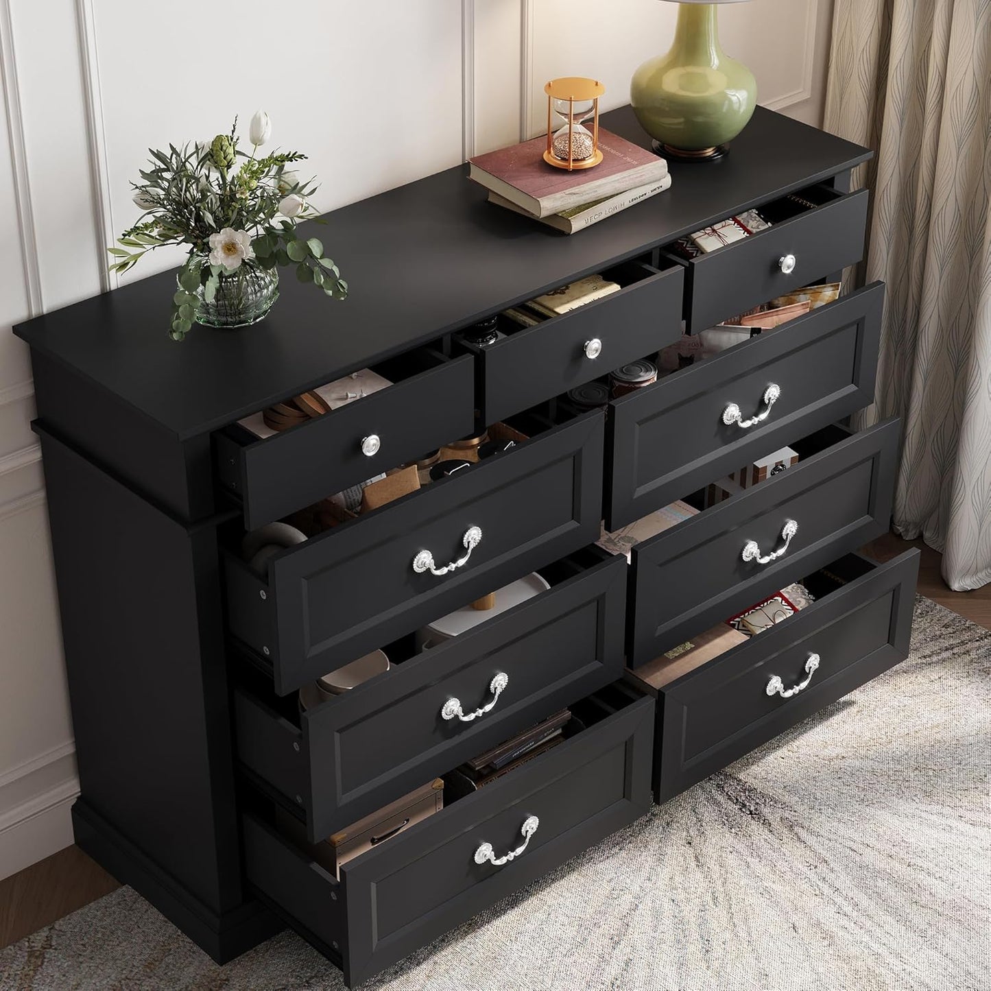 LINSY HOME 9 Drawers Dresser for Bedroom, 54" Wide Wooden Storage Chest with Antique Handles, Modern Farmhouse Large Dresser TV Stand, Chest of Drawers for Closet, Living Room, Hallway, Black