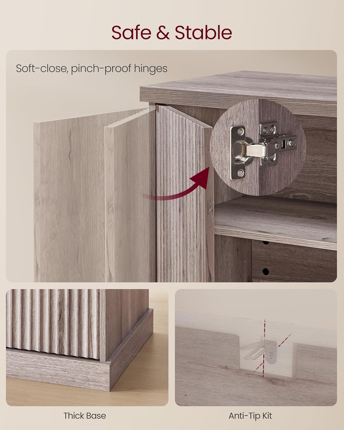 VASAGLE MAXE Collection - Buffet Cabinet, Console Cabinet, Sideboard with Adjustable Shelves, Fluted Doors, Transitional, Kitchen Pantry, Washed Gray UBBK382G01S