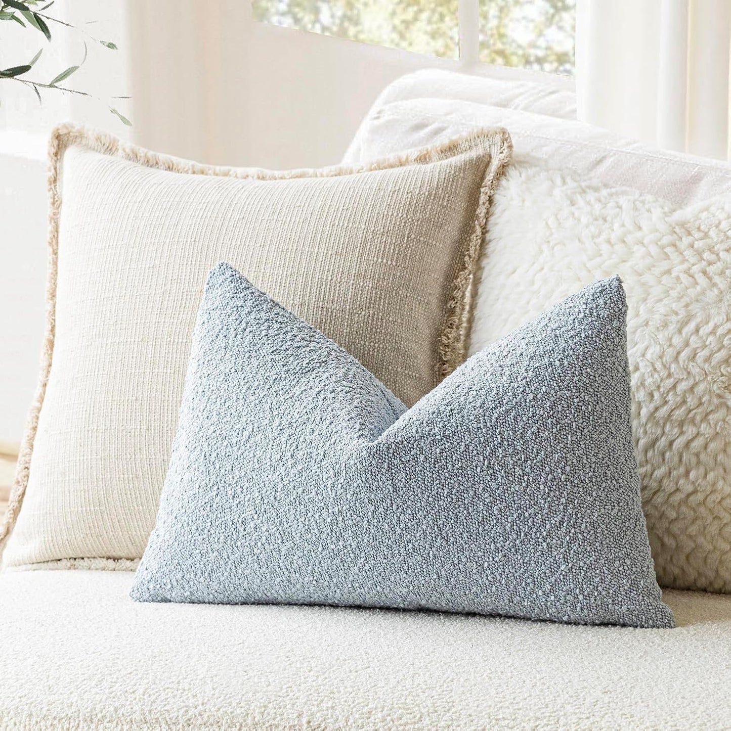 Foindtower Pack of 2 Modern Textured Boucle Lumber Throw Pillow Covers Accent Solid Decorative Pillow Cases Cozy Couch Cushion Case for Sofa Bed Living Room Home Decor, 12 x 20 Inch, Light Blue