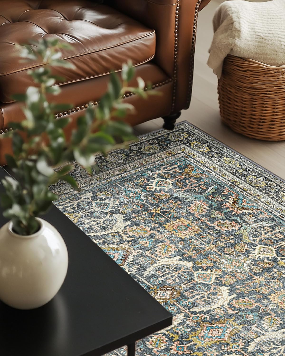 5X7 Area Rugs Machine Washable Rugs for Living Room, Vintage Boho Large Rugs for Bedroom Dining Room, Non Slip Indoor Soft Distressed Lightweight Thin Low Pile Carpet, Terracotta