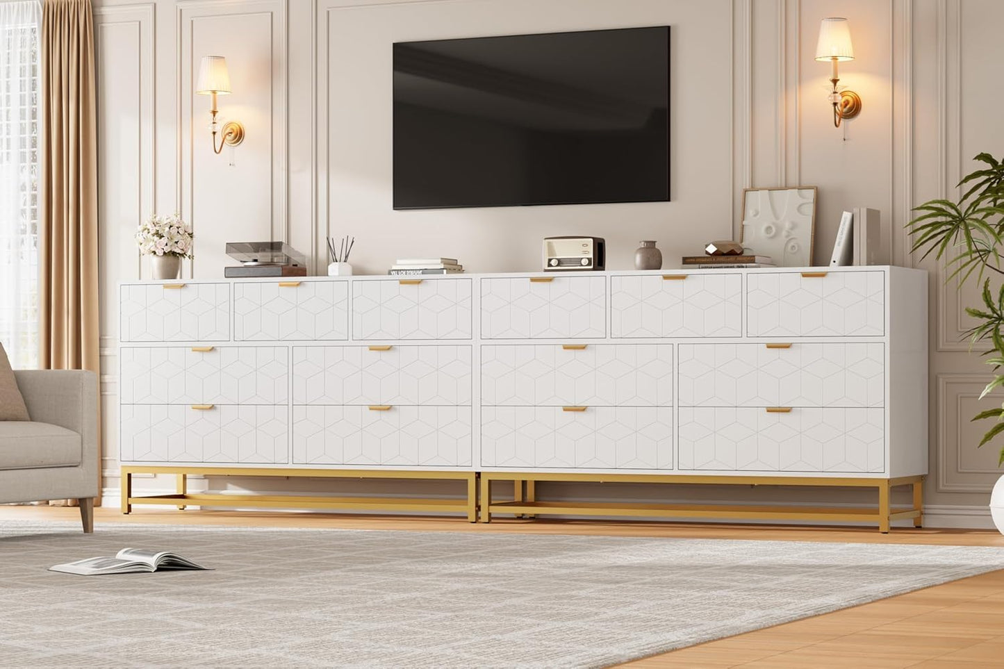 Dresser for Bedroom, 53.5" Wide Dresser Organizer, 7 Drawer with Golden Metal Handle and Legs, Modern Chest of Drawers for Closet, Hallway, Living Room, Entryway, White