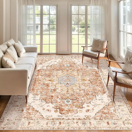 Tangsoo 5x7 Area Rug Washable Rug for Living Room, Vintage Indoor Non Slip Large Area, Print Distressed Brick Red Carpet, Soft Low Pile Foldable for Bedroom Dining Room Dorm