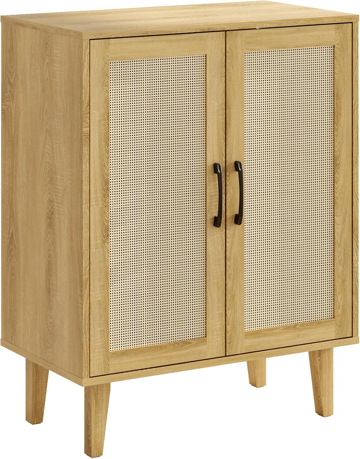 Rattan Decorated Buffet Cabinet - 2 Doors Simple Style Storage Cabinet, Shoe Cabinet with Adjustable Shelves, Sideboard for Kitchen, Living Room, Hallway, Entryway (Natural Wood)