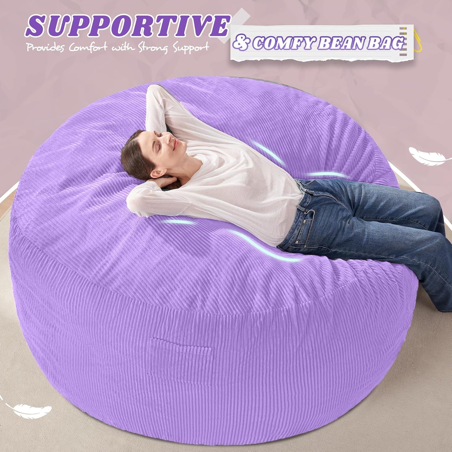 HABUTWAY 6FT Bean Bag Chair,Giant Bean Bag Chairs for Adults,Big Bean Bags with Memory Foam Filled, Large Beanbag Chairs with Soft Corduroy Cover-Purple