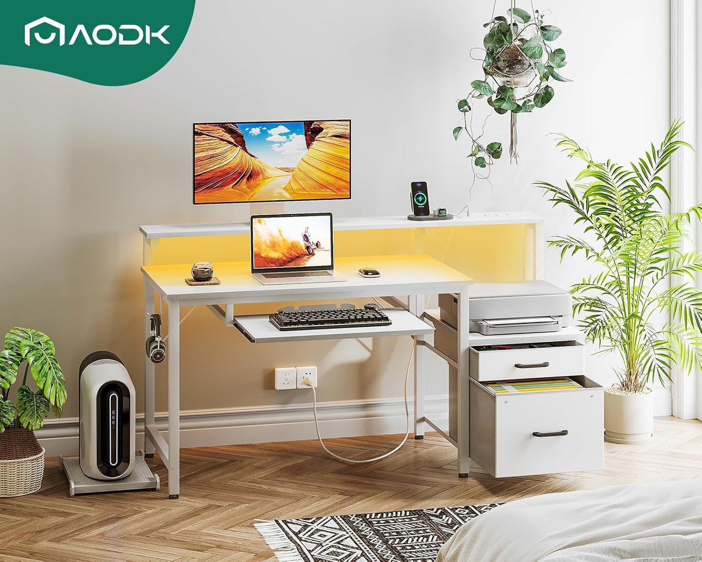 AODK Computer Desk with Drawers and Keyboard Tray, 48" Office Desk with Power Outlet and LED Lights, Reversible Study Work Desk with Printer Shelf and PC Stand for Home Office, White