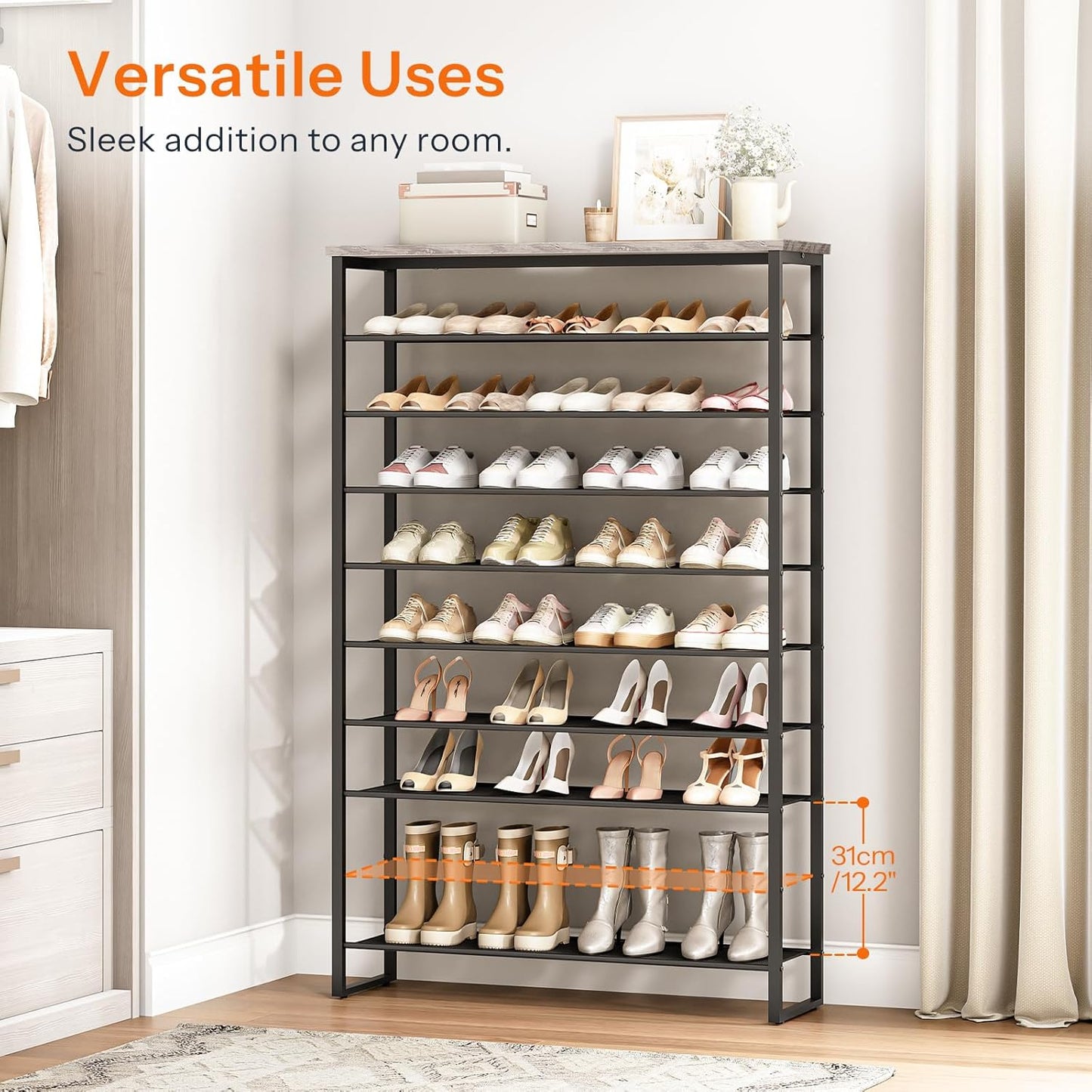 HOOBRO 10-Tier Shoe Rack, 39.4" L Shoe Storage Organizer, Large Capacity Shoe Shelf for Front Door Entrance, Entryway, Hallway, Holds 45-50 Pairs of Shoes, Closet, Greige and Black BG171XJ01