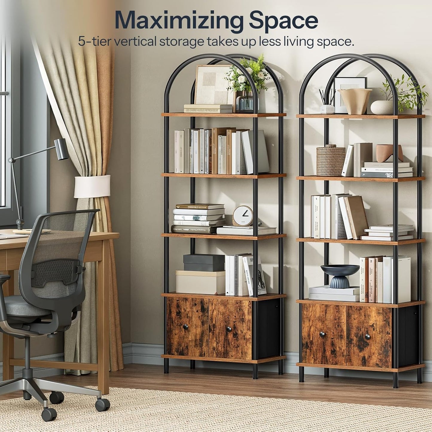 HOOBRO 5-Tier Bookshelf, Arched Bookcase with 2 Drawers, Tall Industrial Style Display Rack, Modern Standing Bookcase with Metal Frame for Office, Bedroom, Kitchen, Rustic Brown and Black BF175SJ01