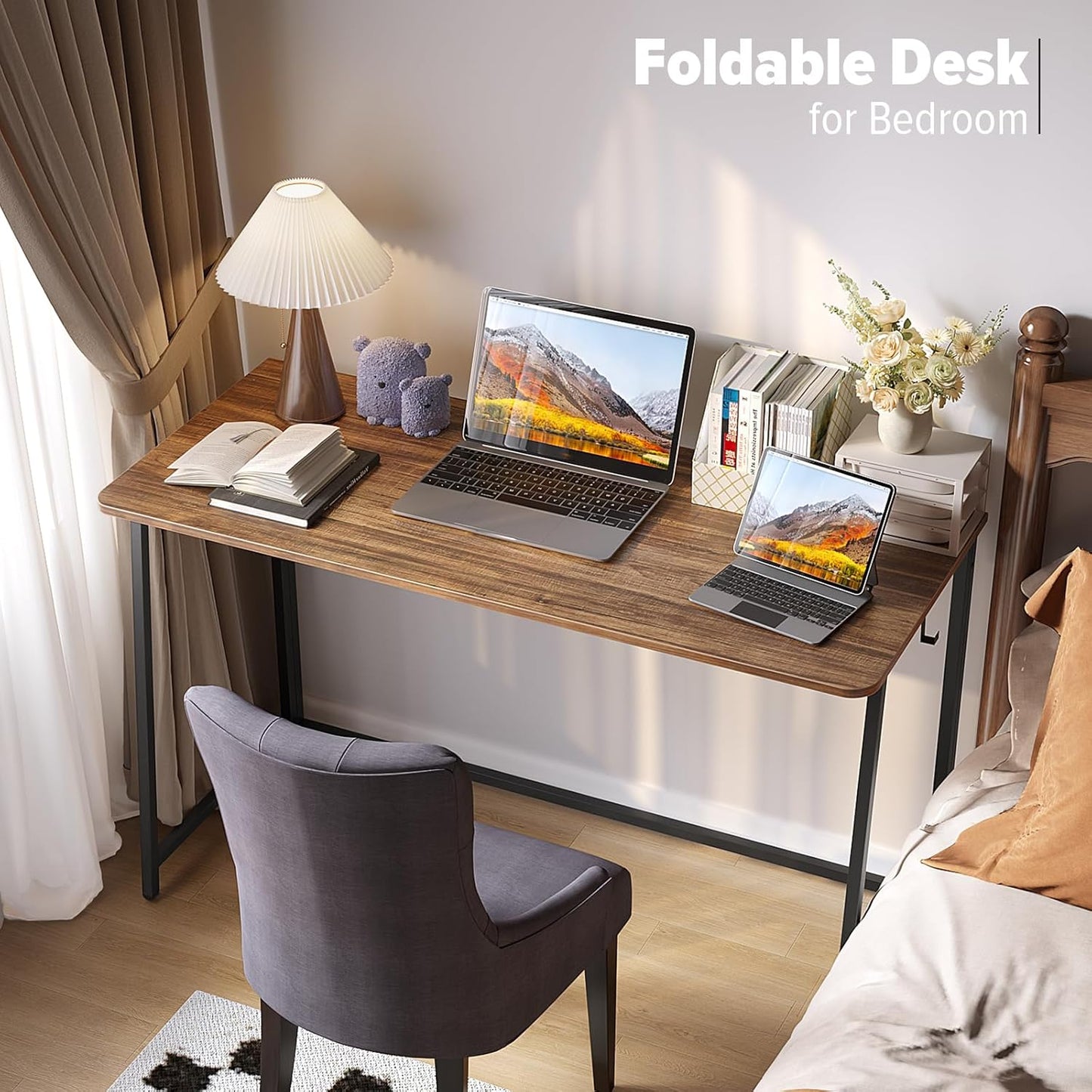 WOHOMO Folding Desk, 47.2" Foldable Computer Desk for Bedroom, Space Saving Computer Table Writing Workstation for Home Office, Easy Assembly, Walnut