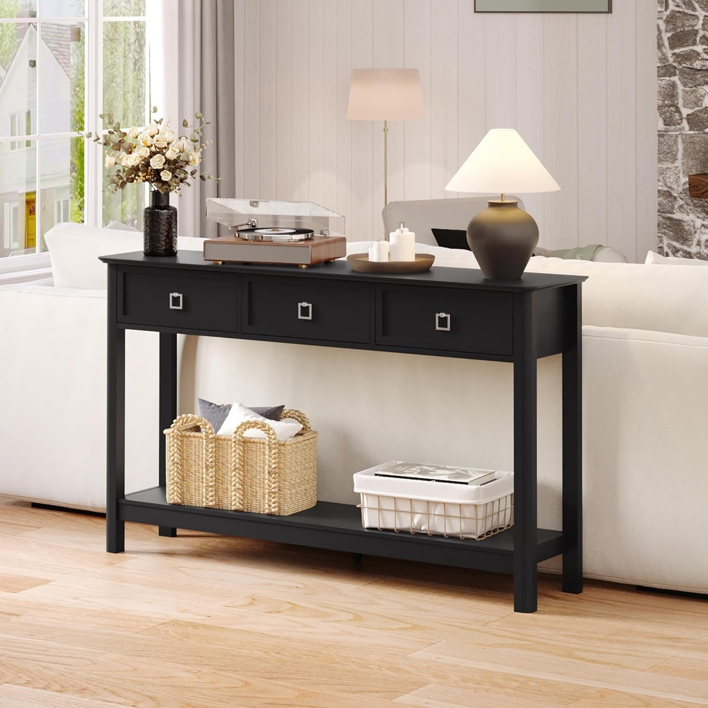 Treocho 53.1" Console Table with 3 Drawers, Modern Entryway Table, 2-Tier Narrow Long Sofa Table Behind Couch Table for Living Room, Hallway, Black