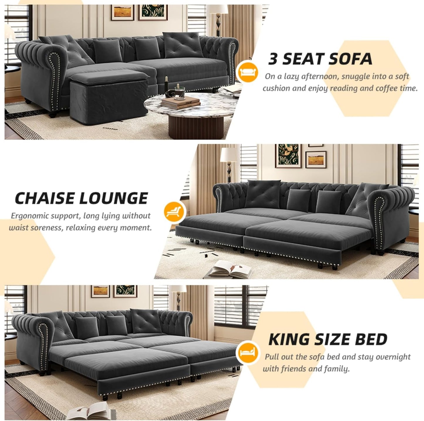 KEIKI 89" W 3-in-1 Pull-Out Convertible Chesterfield Sofa Bed, King Size Velvet Tufted Couch with Movable Ottoman, Chaise Lounge, 3-Seater for Living Room, Bedroom, Office, Gray