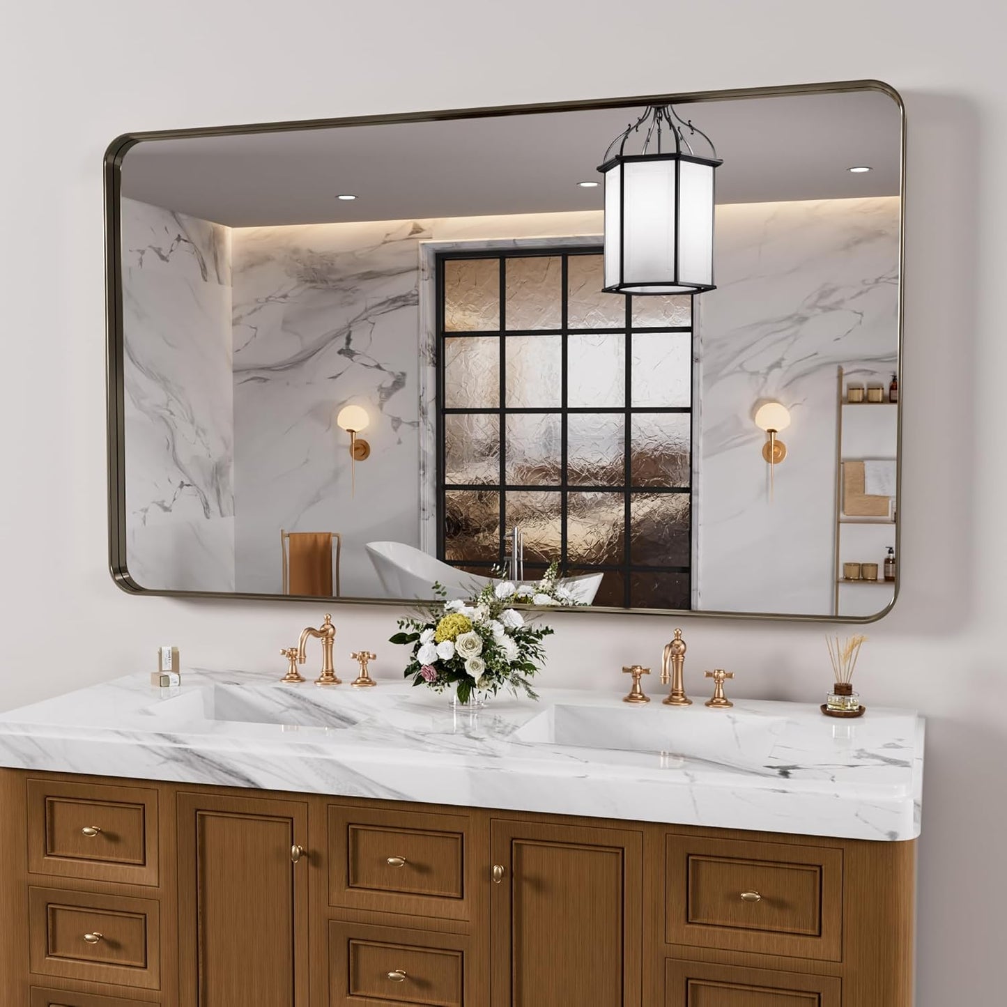 Bronze Bathroom Mirror 55x30 Inch, Brushed Bronze Metal Frame Mirror for Wall, Rounded Rectangle Bathroom Vanity Mirror with Tempered Glass, Anti-Rust, Horizontal/Vertical