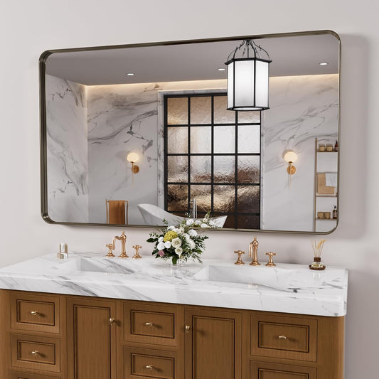 Bronze Bathroom Mirror 55x30 Inch, Brushed Bronze Metal Frame Mirror for Wall, Rounded Rectangle Bathroom Vanity Mirror with Tempered Glass, Anti-Rust, Horizontal/Vertical