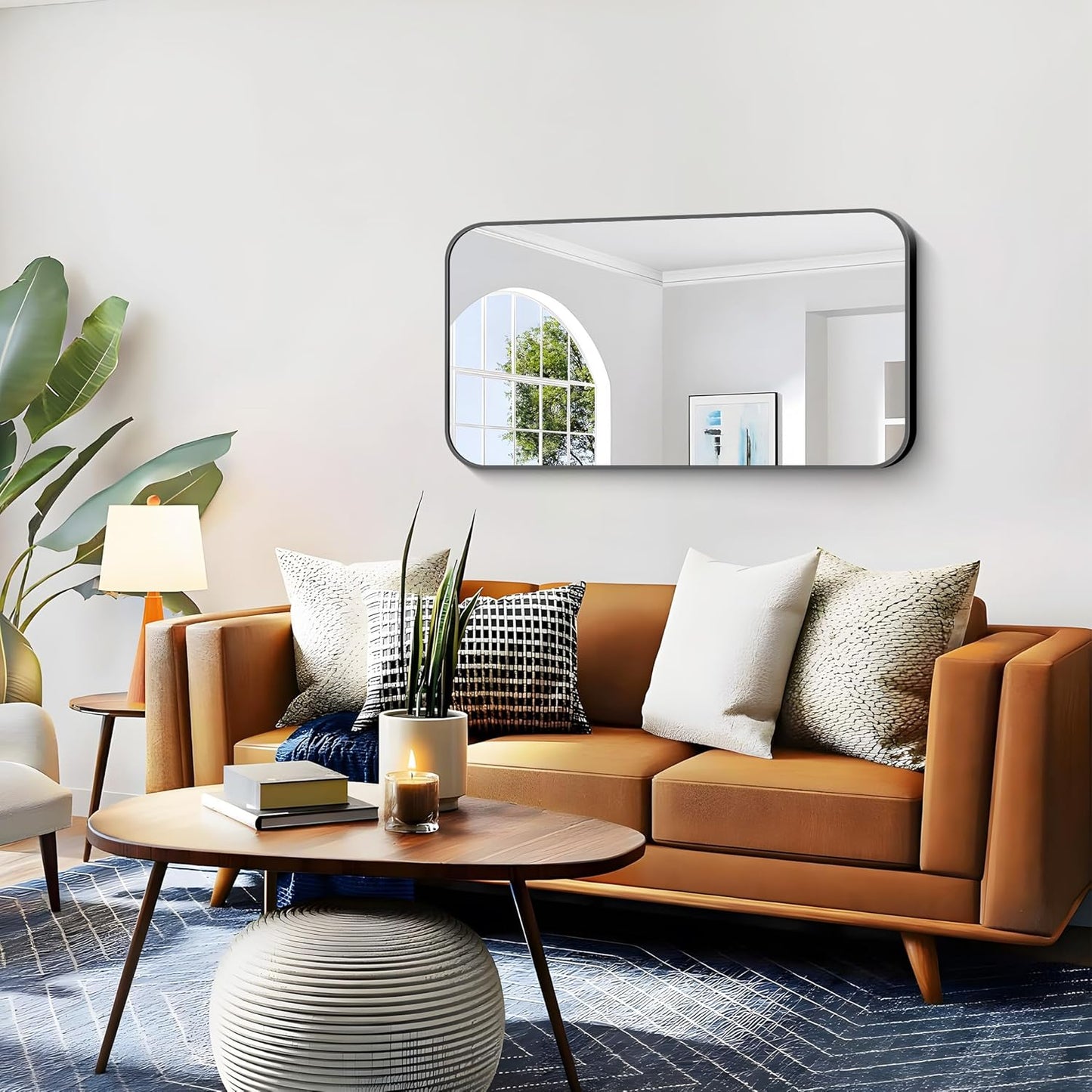 Bathroom Mirror, 48 x 24 inch Black Rectangle Wall Mirror, Metal Framed Rectangular Vanity Mirror, Rounded Corner Wall Mounted Mirror for Modern Bedroom Living Room Horizontal/Vertical